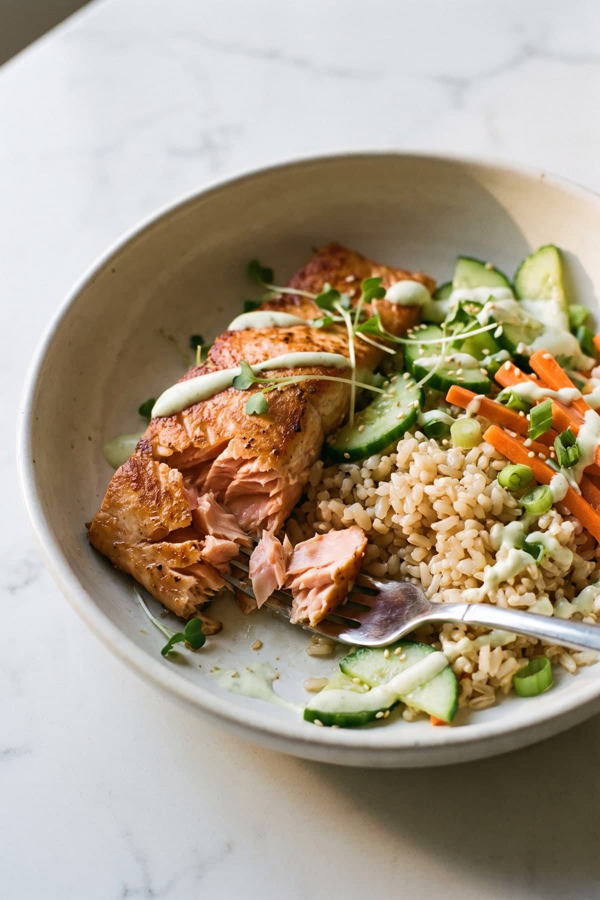 Crispy Salmon Rice Bowls ready to serve