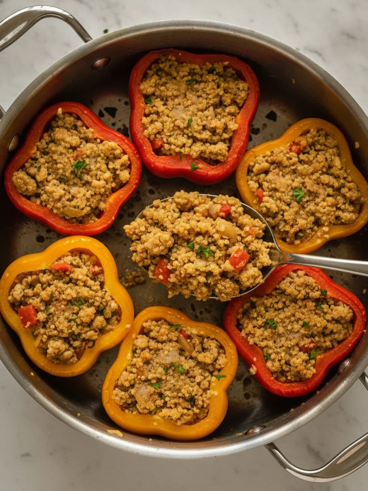 Turkey Quinoa Stuffed Peppers: Reduce the filling