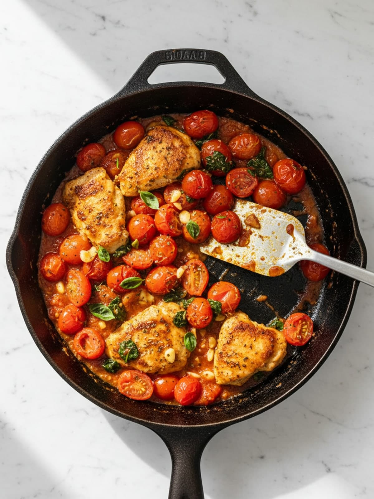 Chicken Tomato Spinach Pasta: Burst the tomatoes