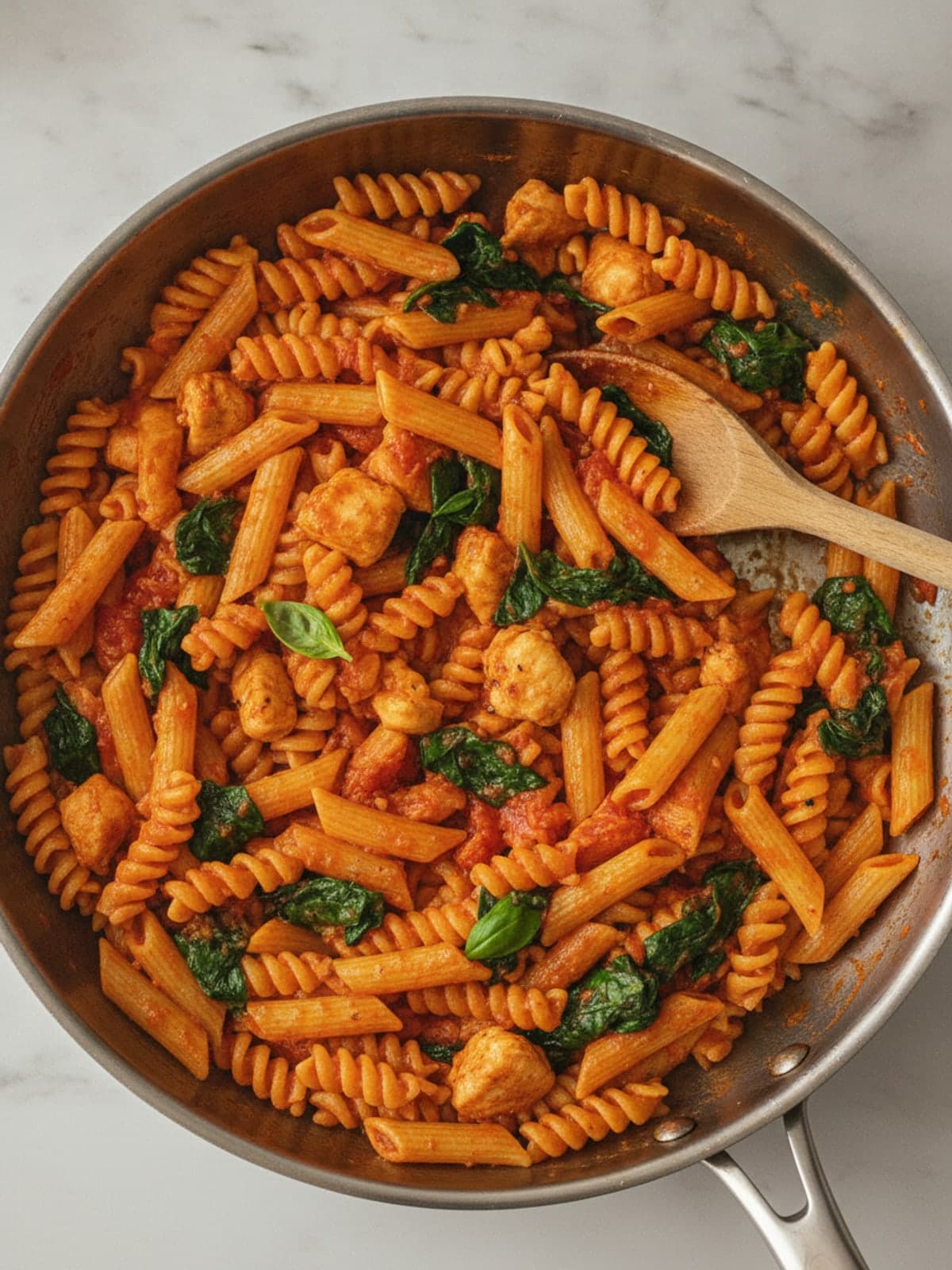 Chicken Tomato Spinach Pasta: Undercook and transfer pasta