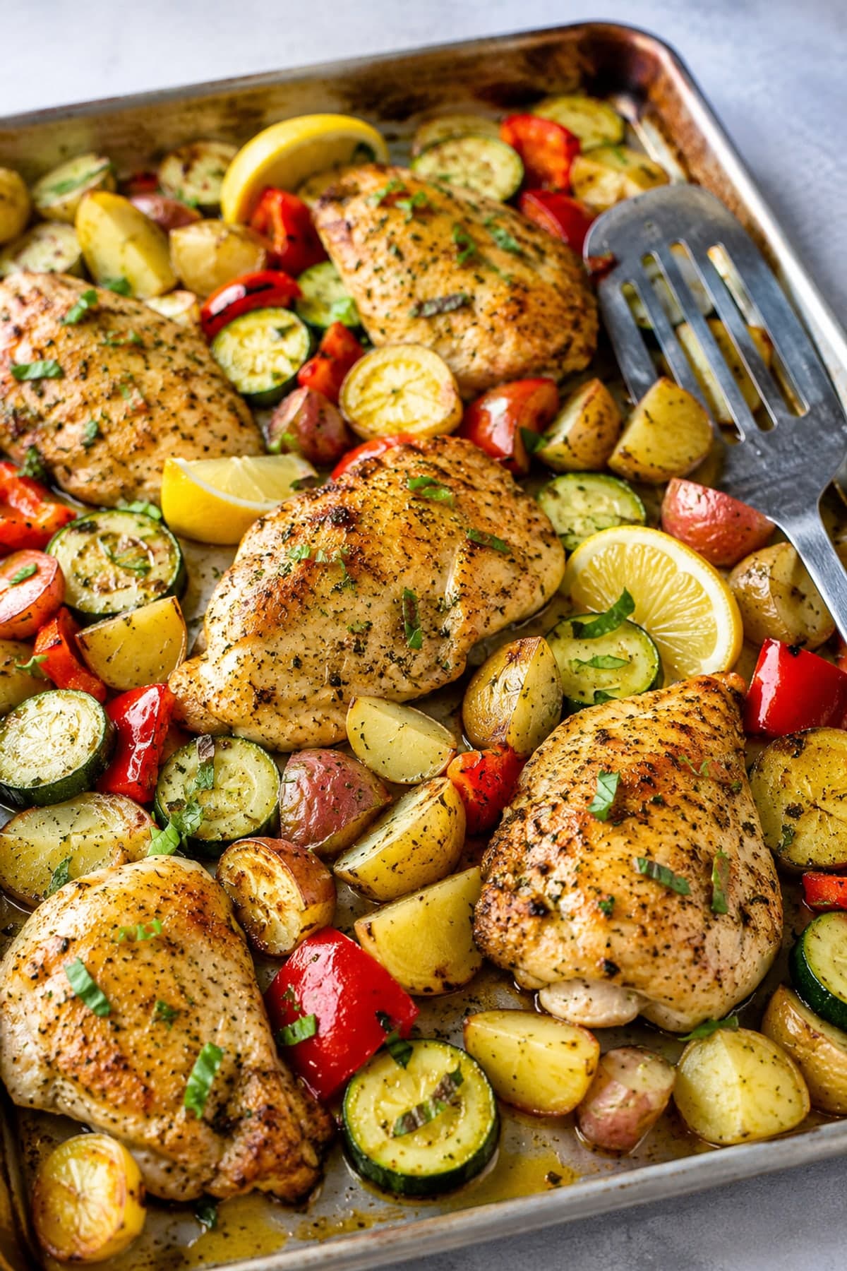 Lemon Herb Gluten Free Chicken Sheet Pan ready to serve