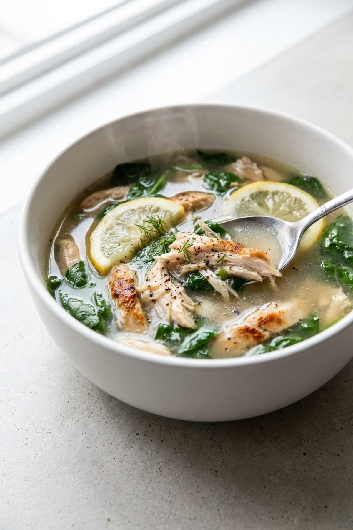 Lemon Chicken Spinach Soup ready to serve