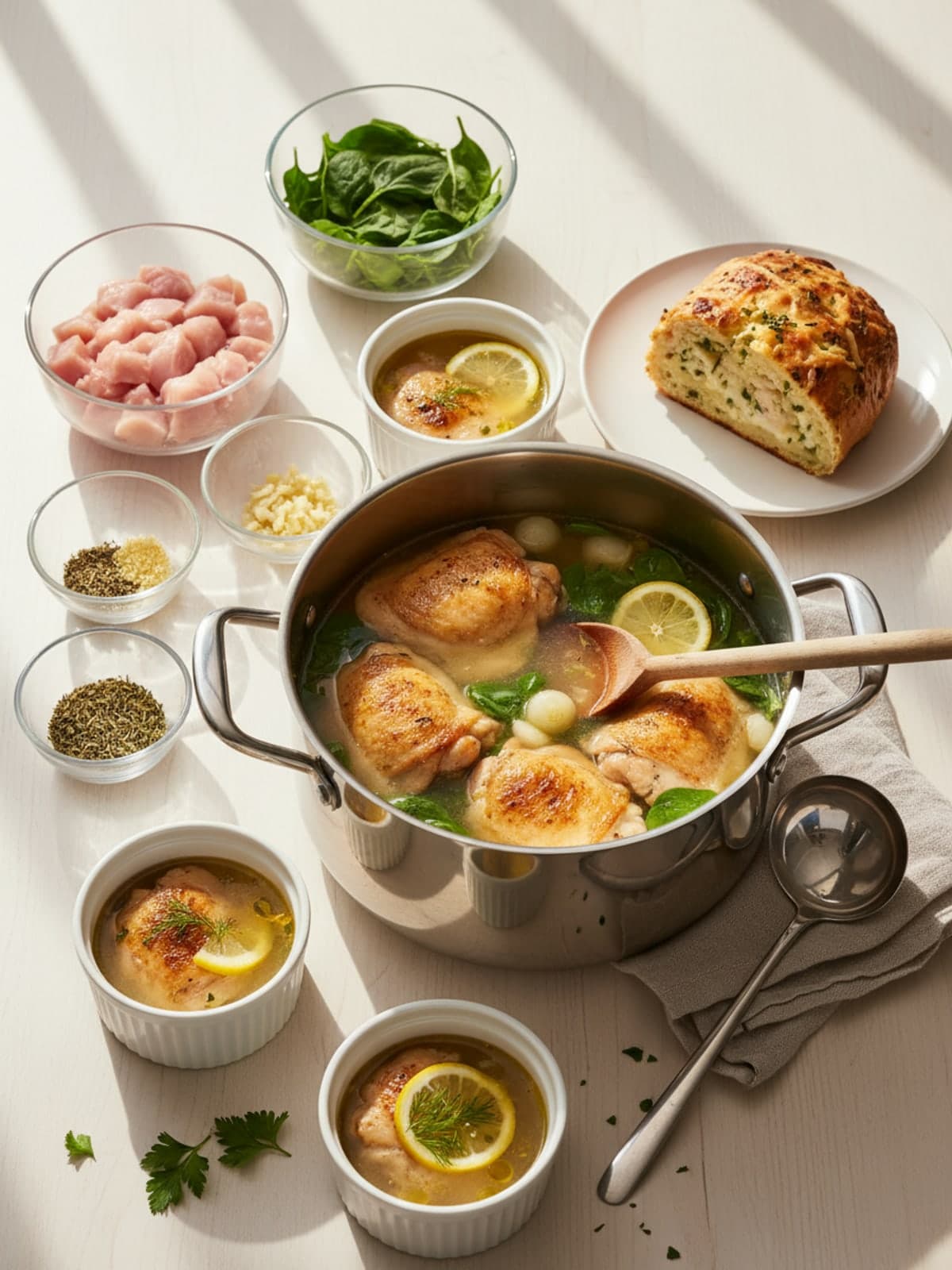 Lemon Chicken Spinach Soup: Shred the chicken
