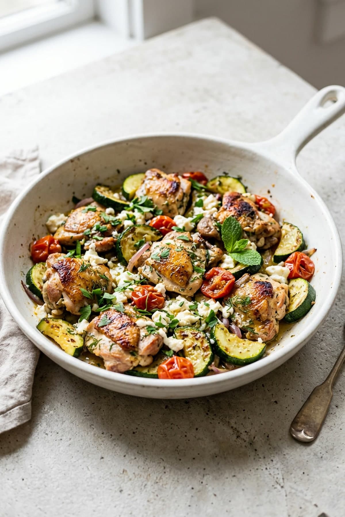 Chicken Zucchini Feta Skillet ready to serve