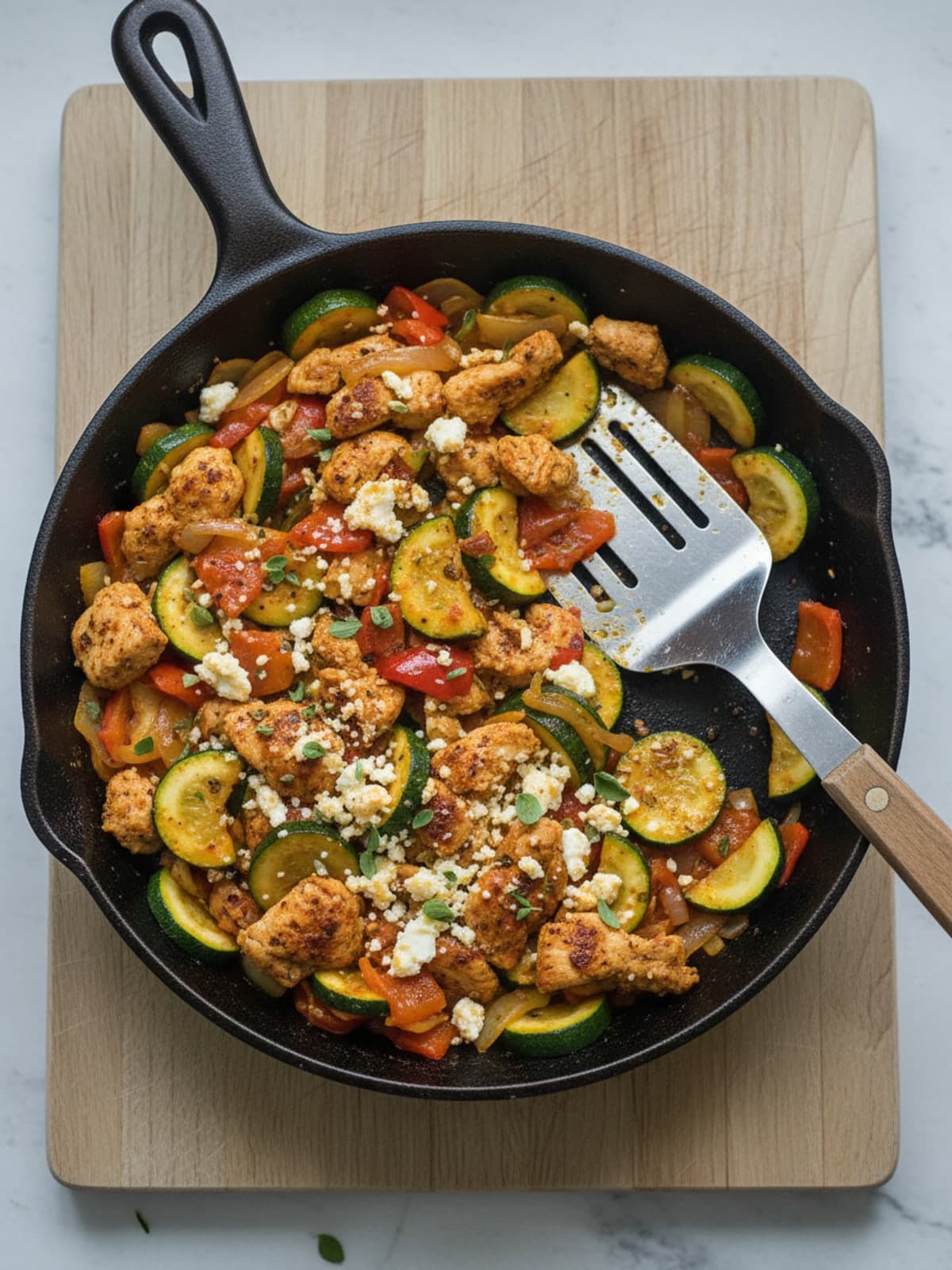 Chicken Zucchini Feta Skillet: Cut and season