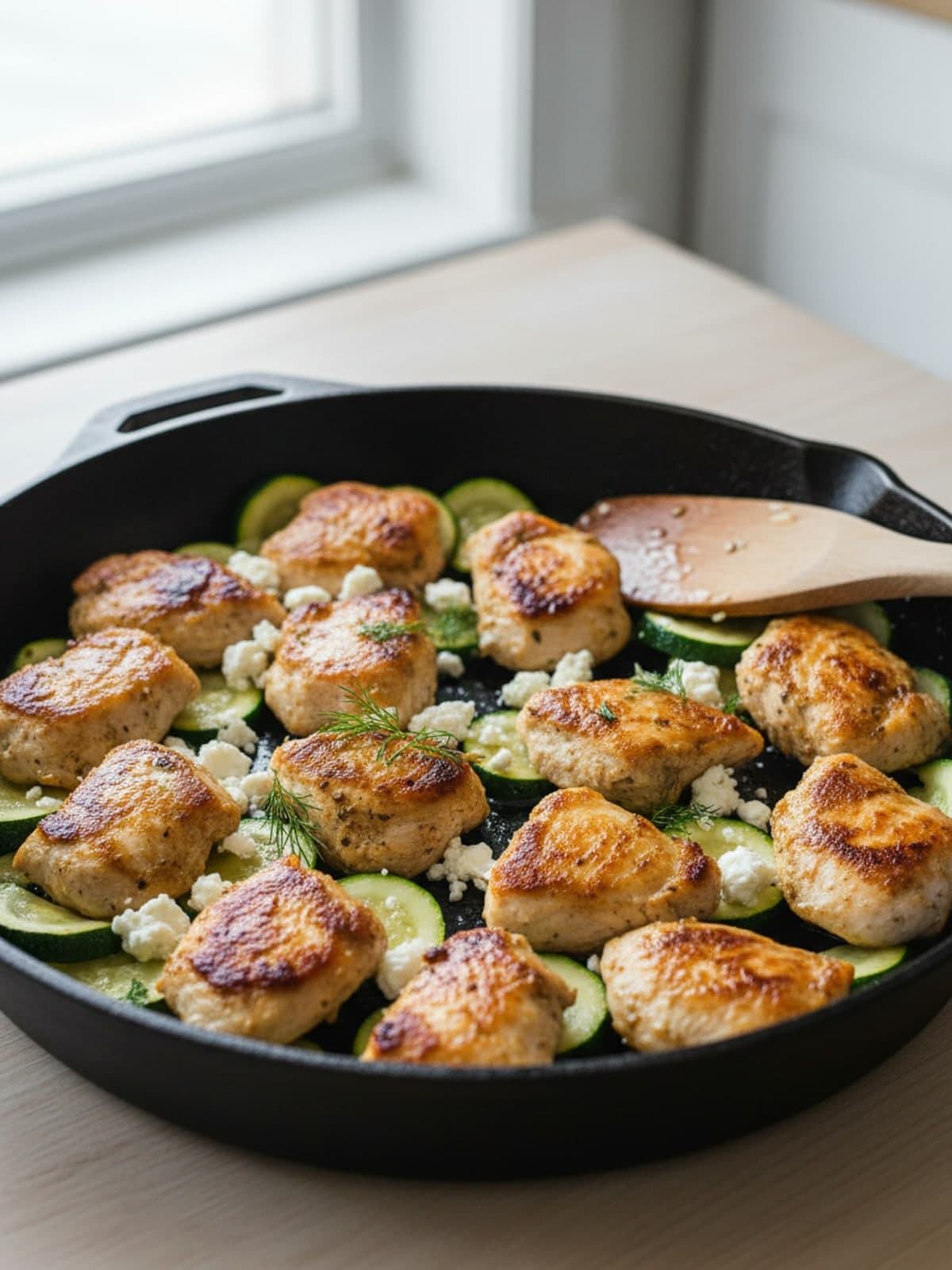 Chicken Zucchini Feta Skillet: Brown the chicken