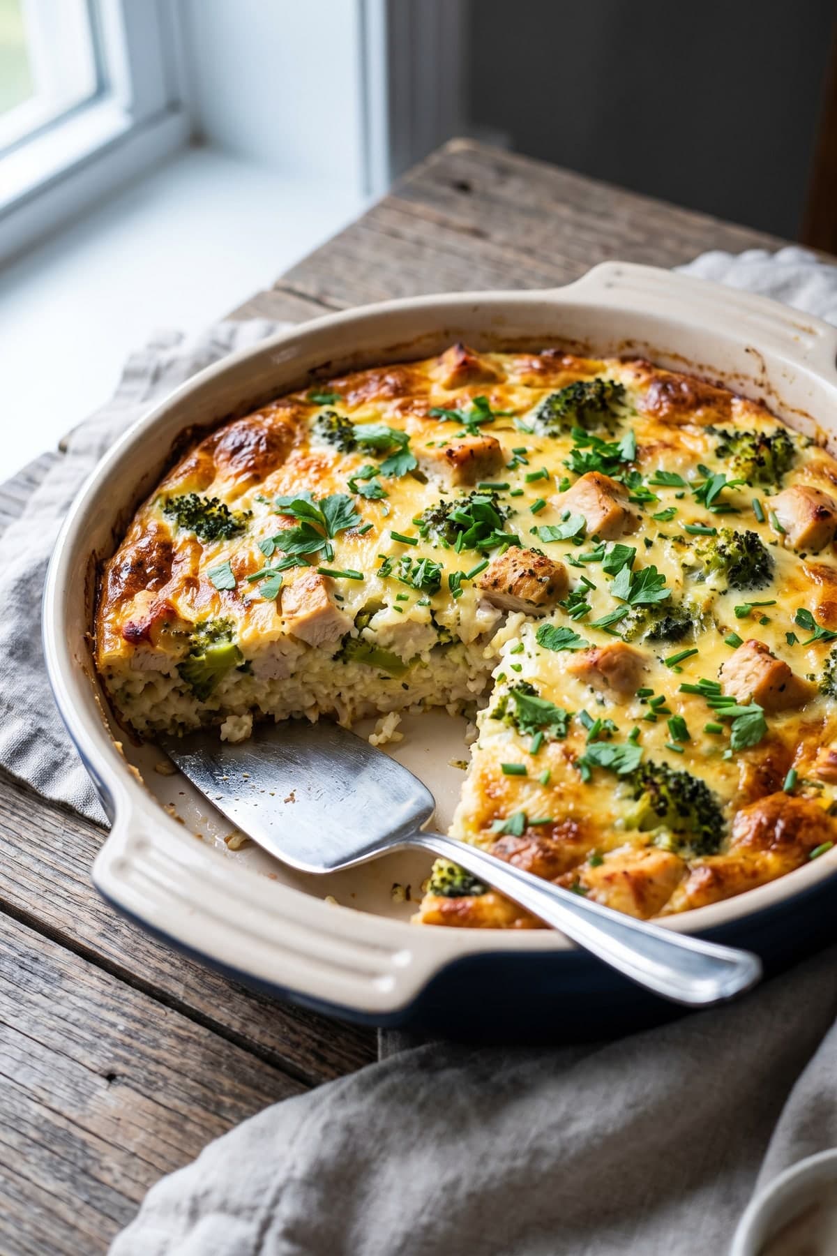Chicken Broccoli Cottage Cheese Rice Casserole ready to serve