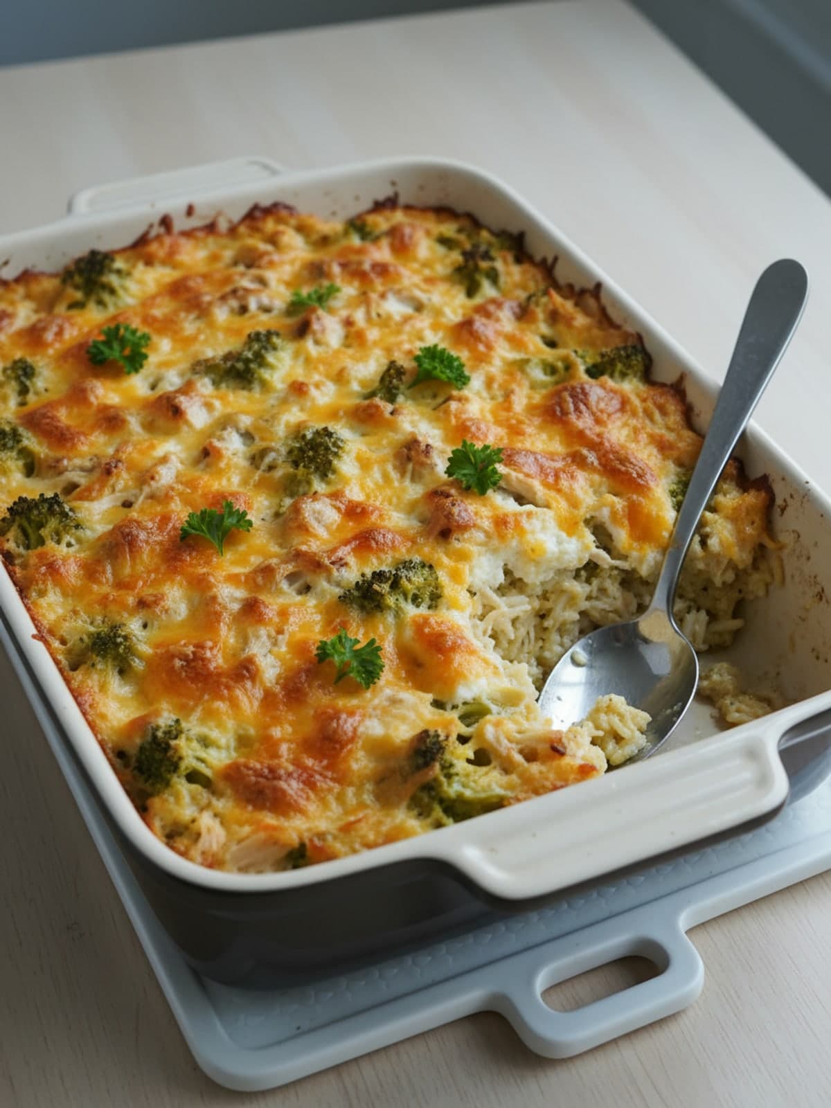 Chicken Broccoli Cottage Cheese Rice Casserole: Bake and rest