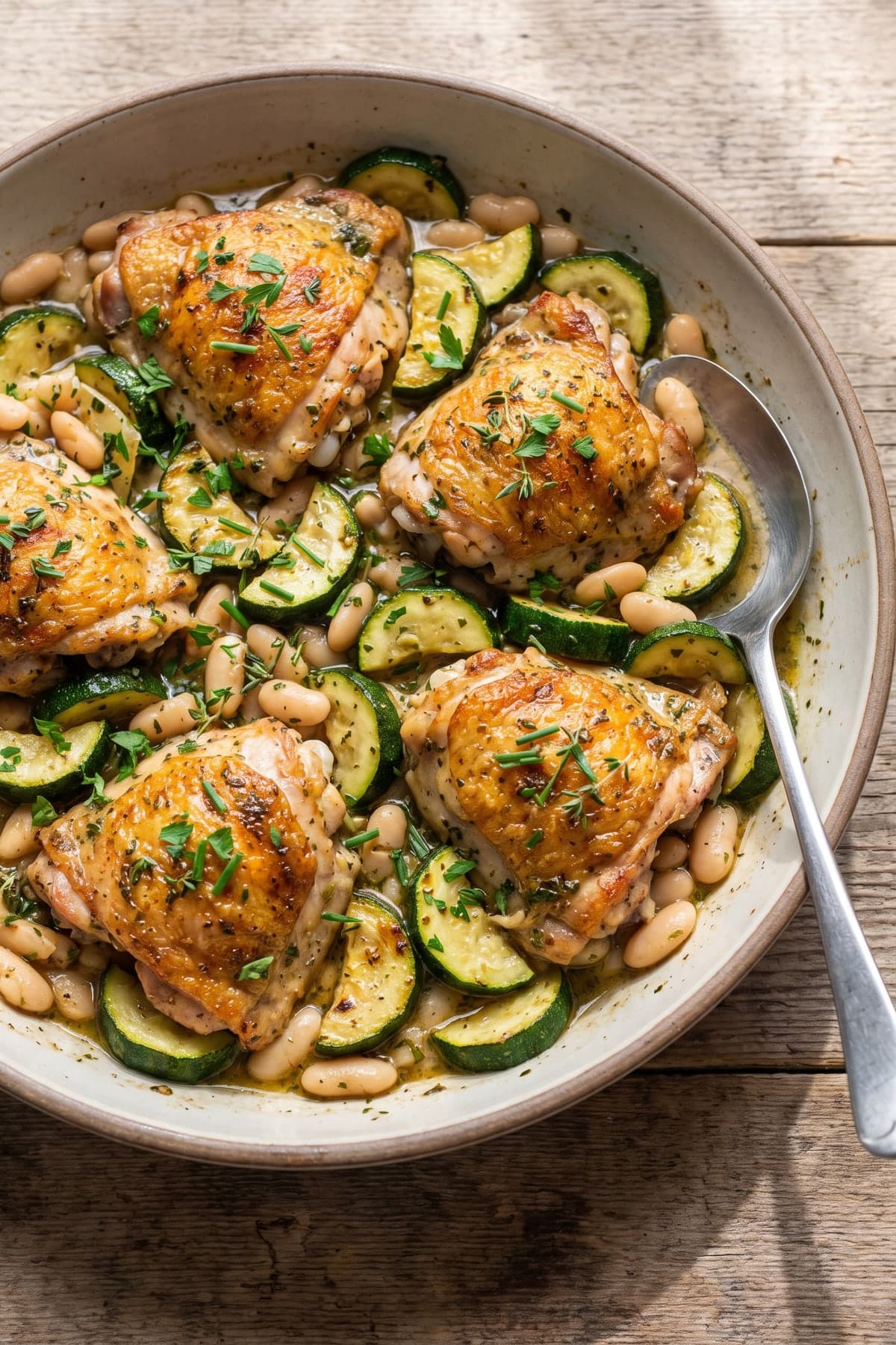 Garlic Herb Chicken, Zucchini, and White Bean Skillet ready to serve
