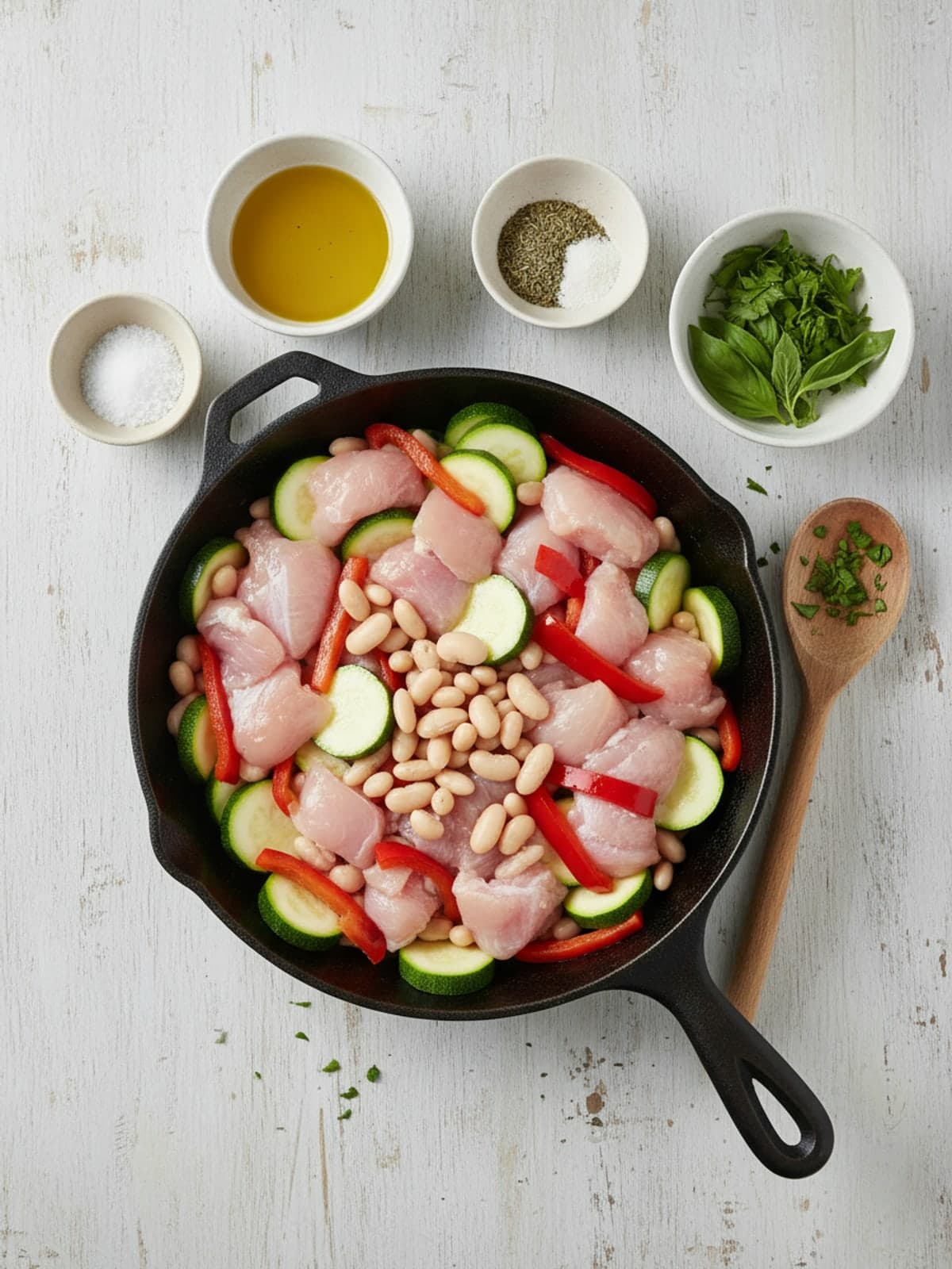 Ingredients for Garlic Herb Chicken, Zucchini, and White Bean Skillet