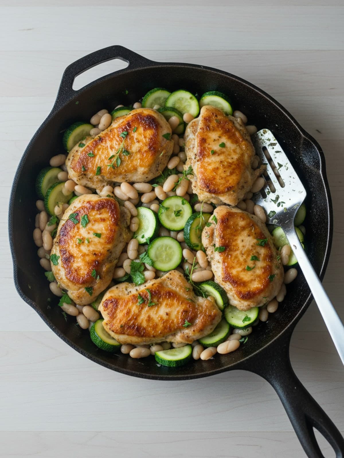 Garlic Herb Chicken, Zucchini, and White Bean Skillet: Brown the chicken