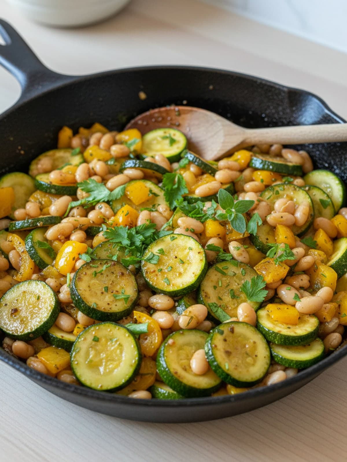 Garlic Herb Chicken, Zucchini, and White Bean Skillet: Cook the vegetables