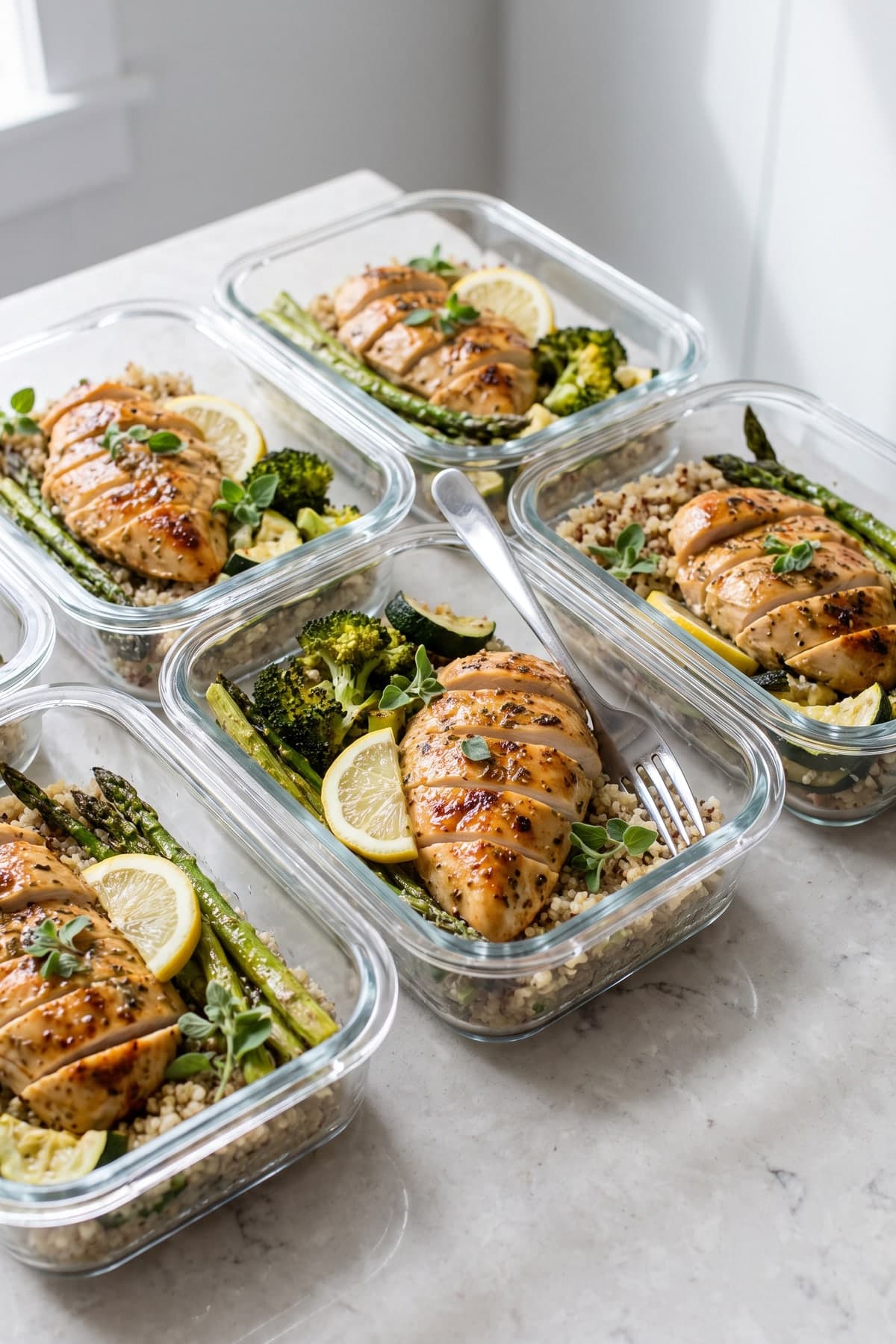 Lemon Oregano Chicken Meal Prep Boxes ready to serve