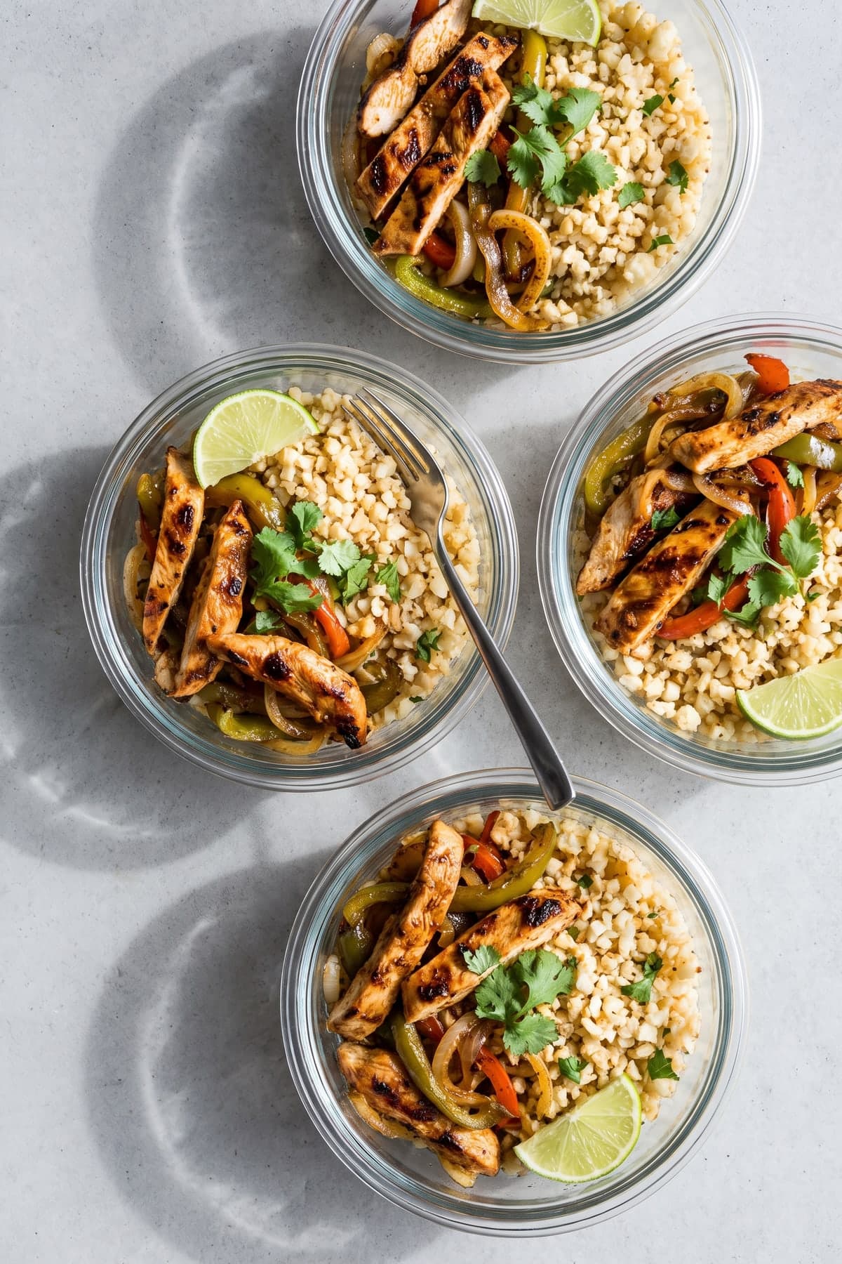 Chicken Fajita Cauliflower Meal Prep Bowls ready to serve