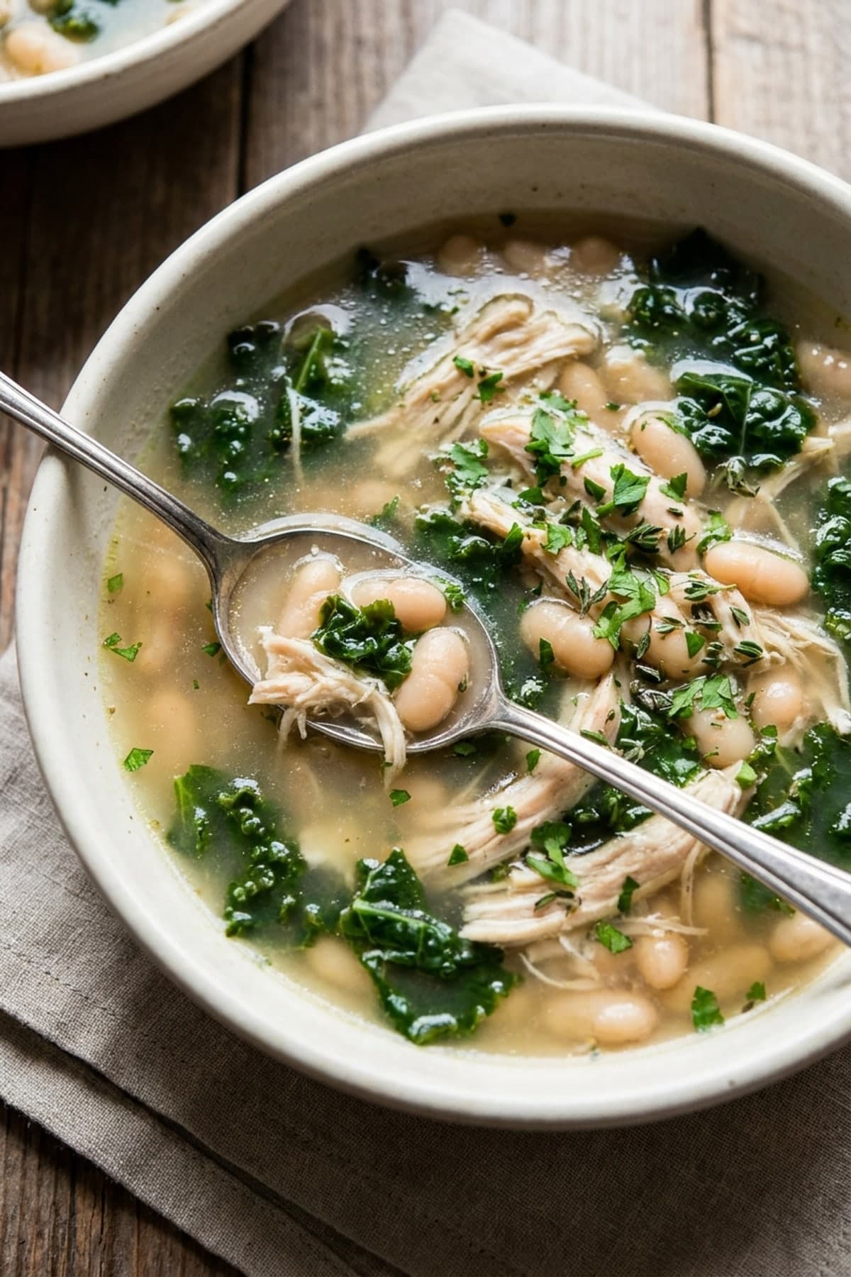 Chicken, White Bean and Kale Soup ready to serve