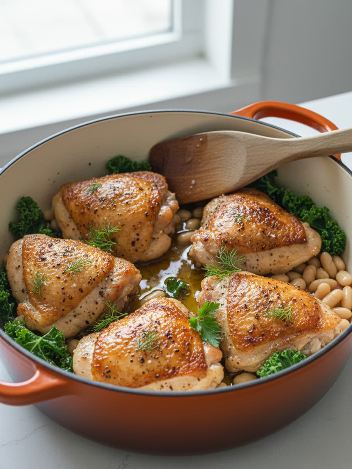 Chicken, White Bean and Kale Soup: Brown chicken