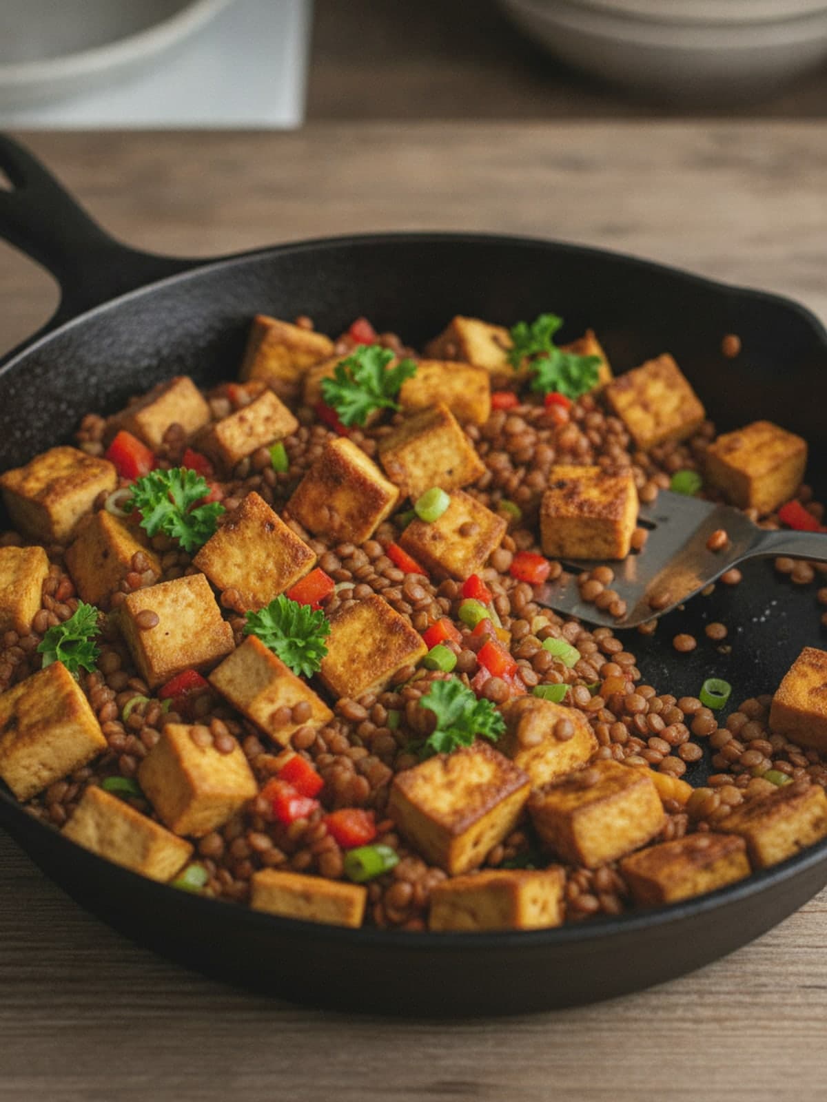 Smoky Tofu Lentil Skillet: Brown the tofu