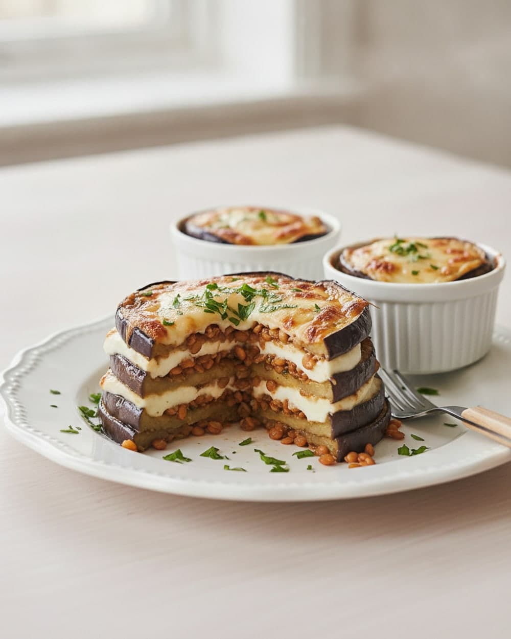 Eggplant Mozzarella Lentil Stacks