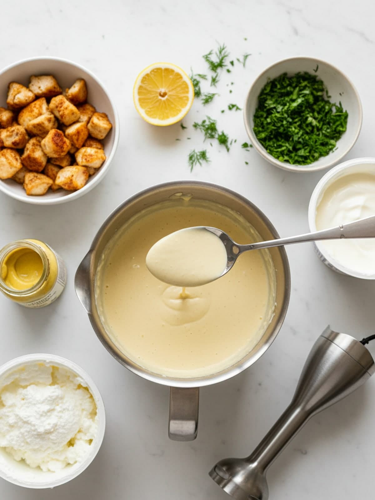 Creamy Herb Chicken Salad: Blend the herb dressing