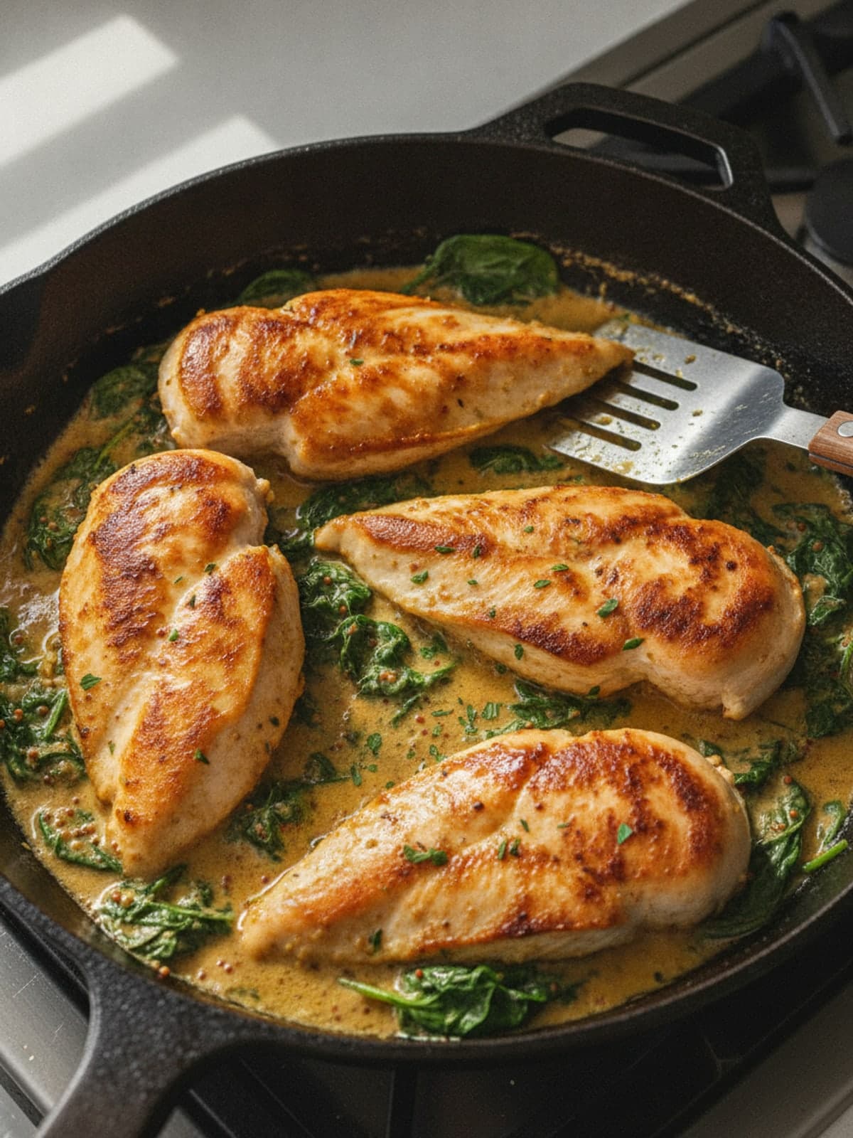 Creamy Mustard Spinach Keto Chicken: Brown the chicken