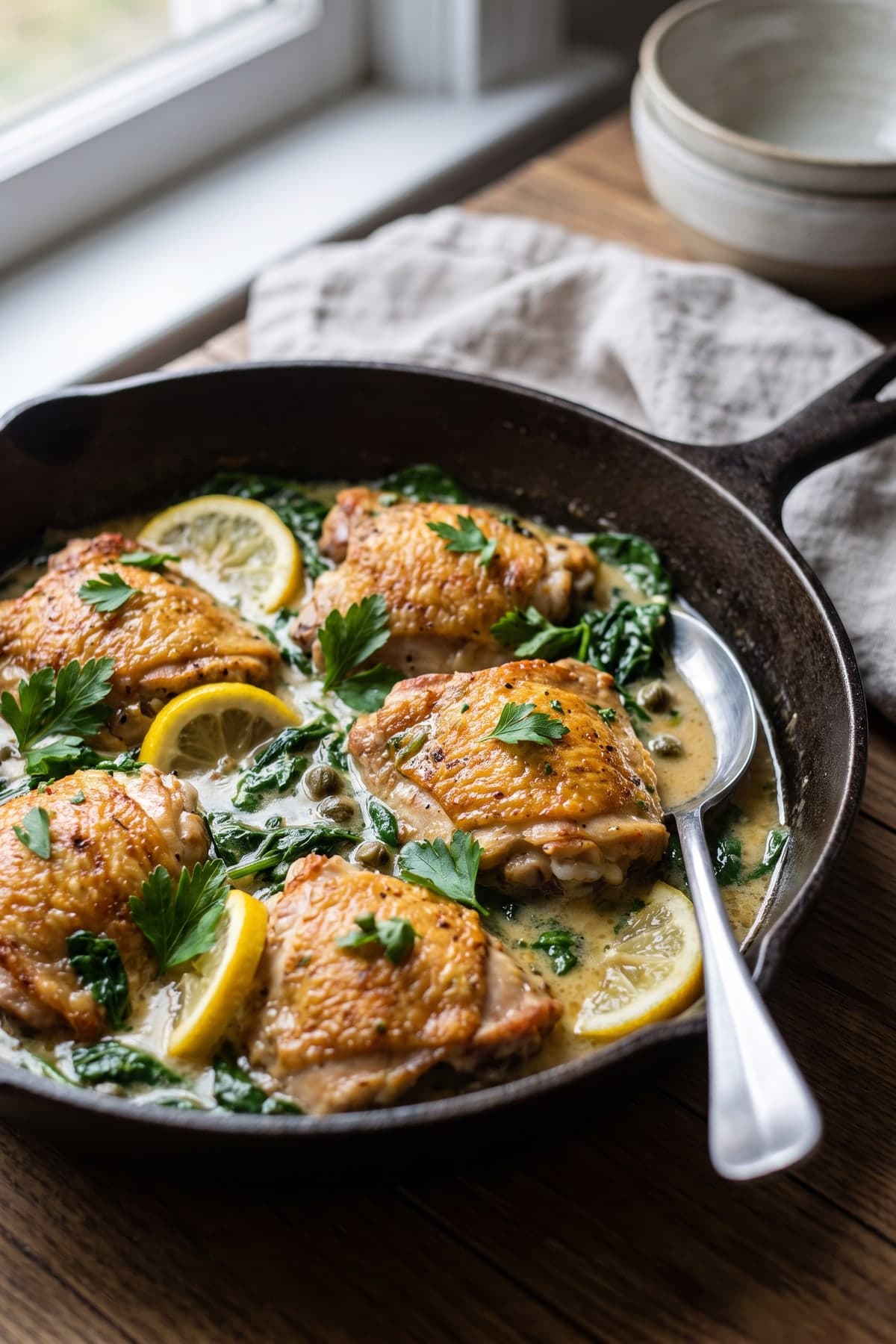 Lemon Spinach Keto Chicken Thigh Skillet ready to serve