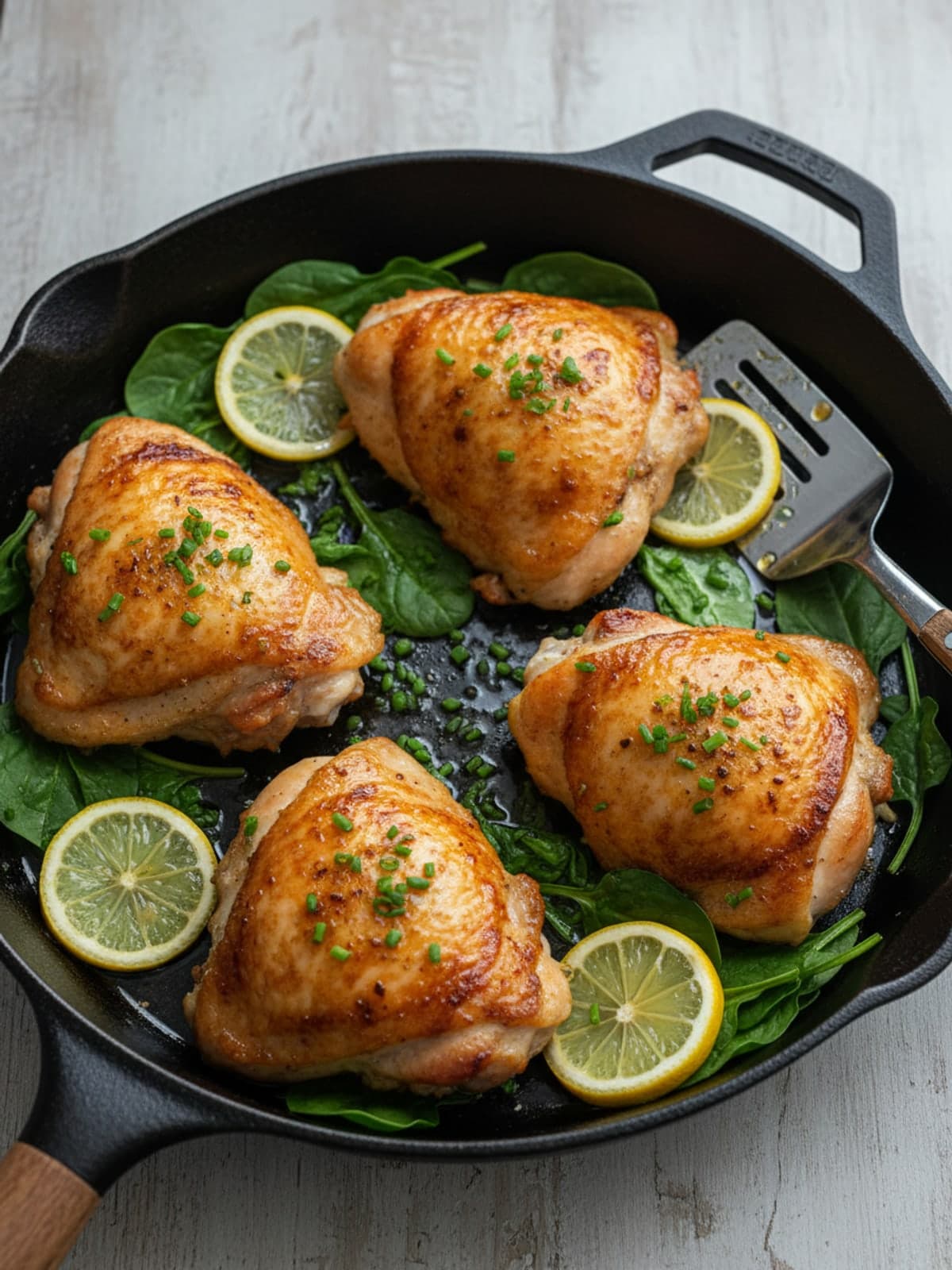 Lemon Spinach Keto Chicken Thigh Skillet: Sear the skin