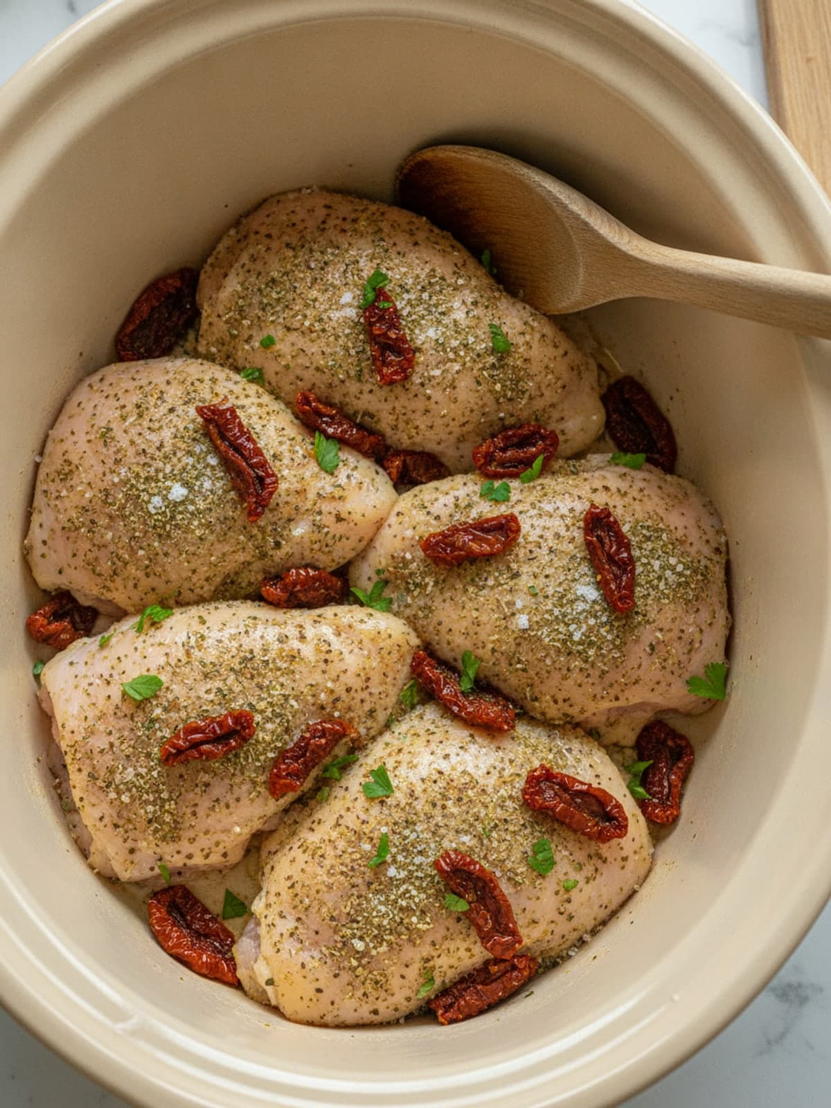 Creamy Tuscan Keto Crockpot Chicken: Season the chicken
