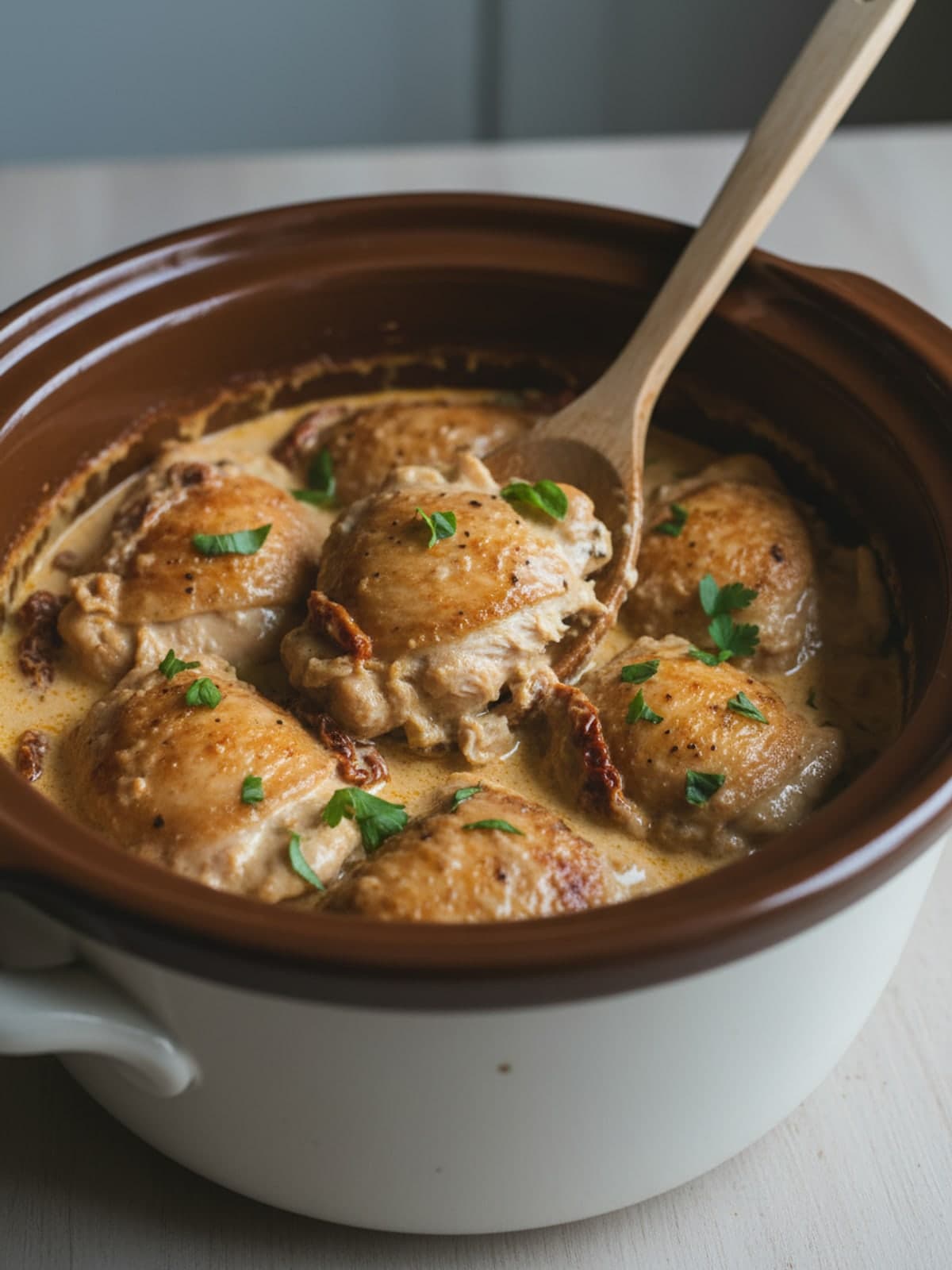 Creamy Tuscan Keto Crockpot Chicken: Cook until tender