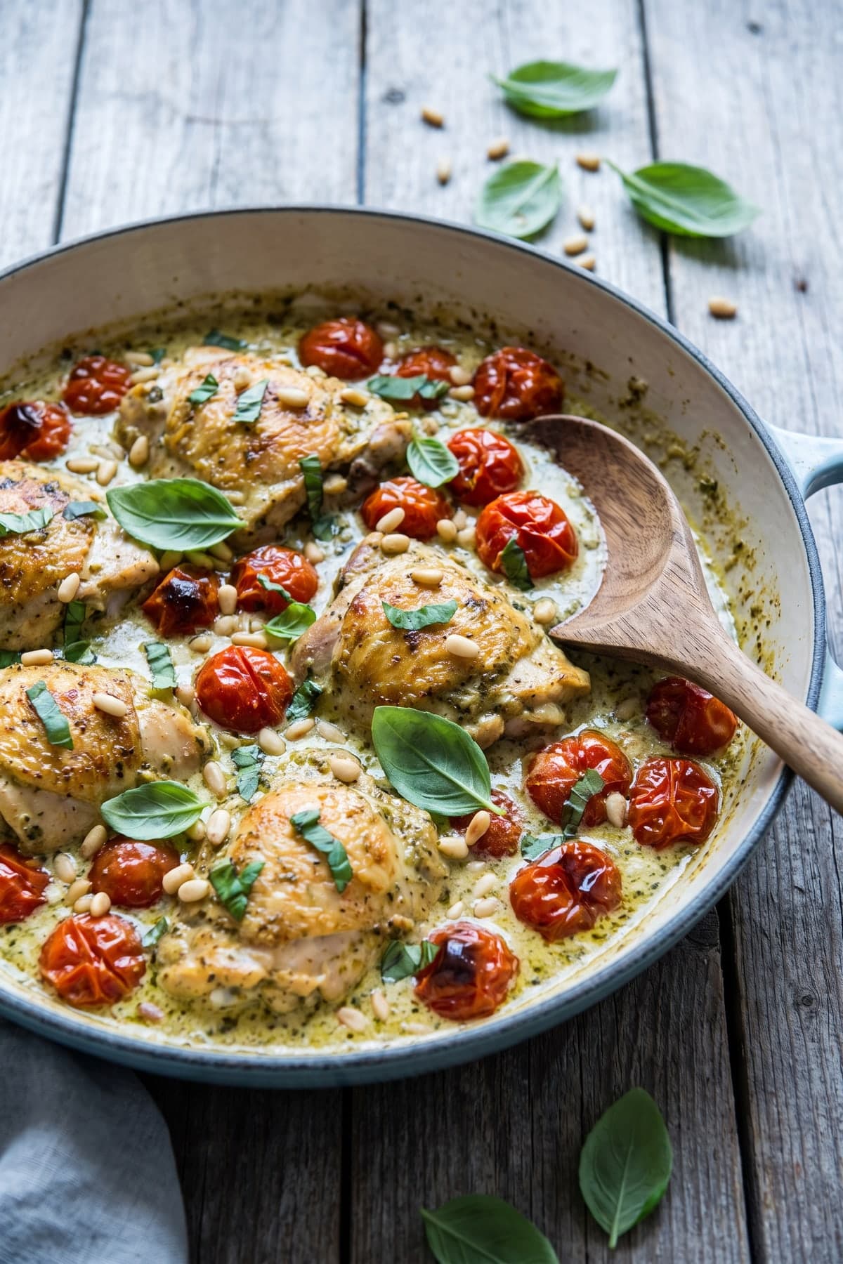 Creamy Pesto Chicken Skillet ready to serve