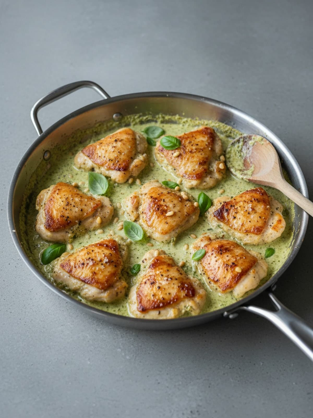 Creamy Pesto Chicken Skillet: Brown the chicken