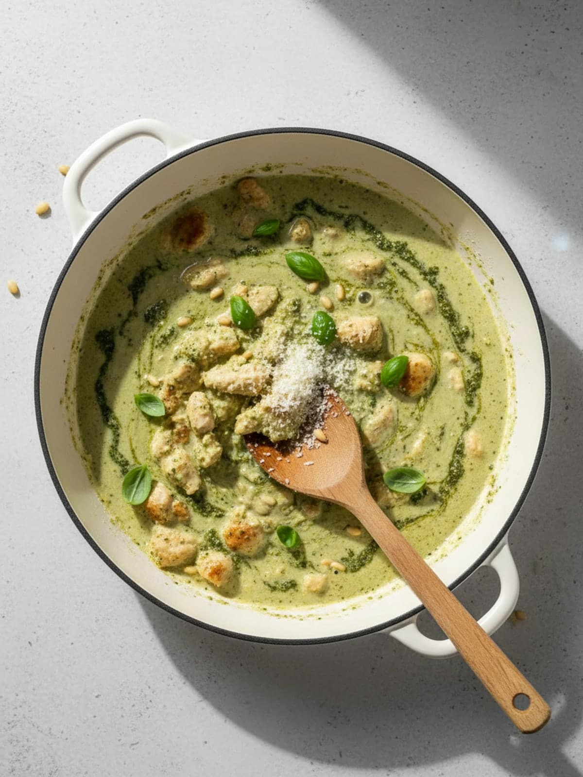 Creamy Pesto Chicken Skillet: Build the sauce