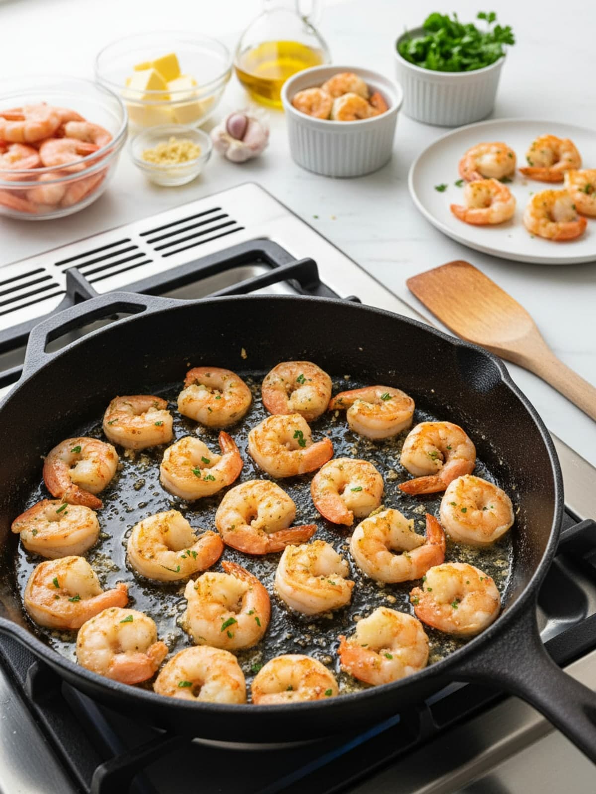 Garlic Butter Keto Shrimp Skillet: Sear in batches