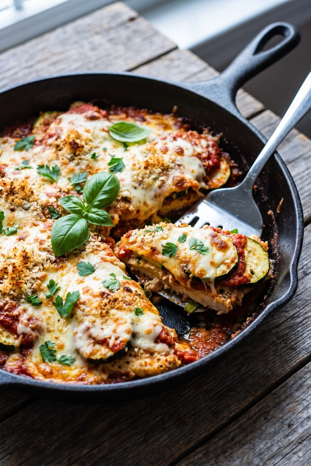 Chicken Parmesan Zucchini Skillet ready to serve