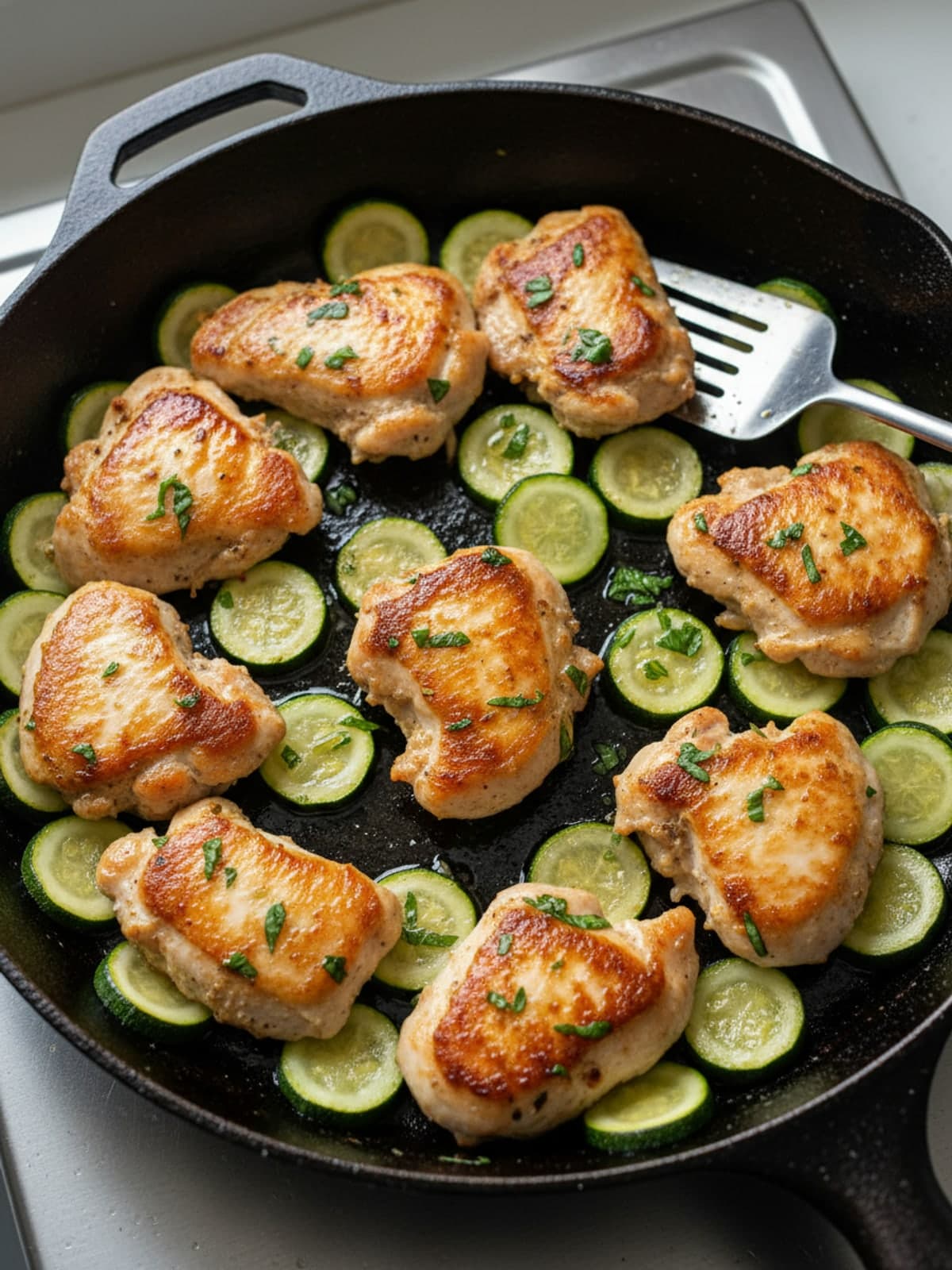 Chicken Parmesan Zucchini Skillet: Brown the chicken