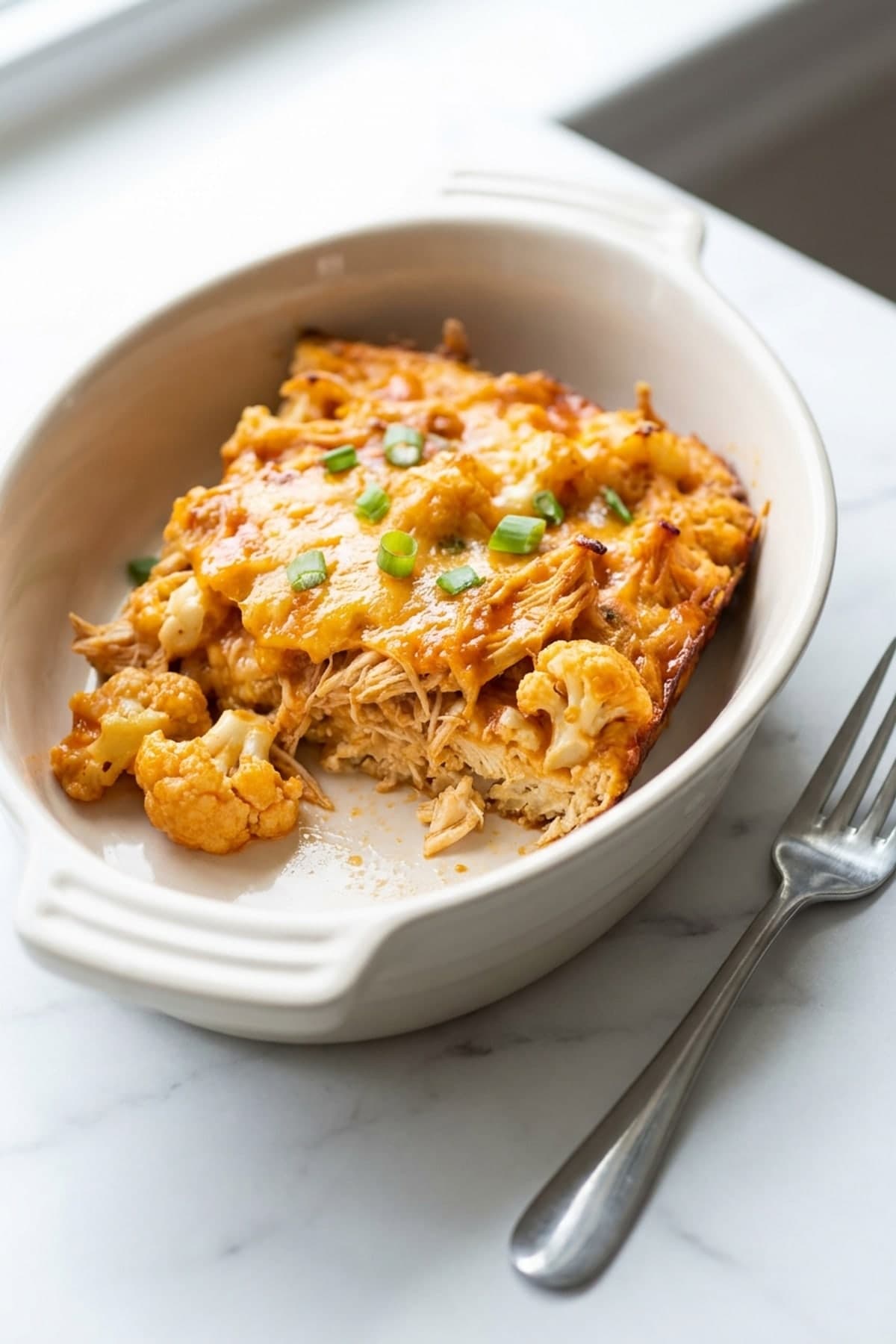 Buffalo Chicken Cauliflower Casserole ready to serve