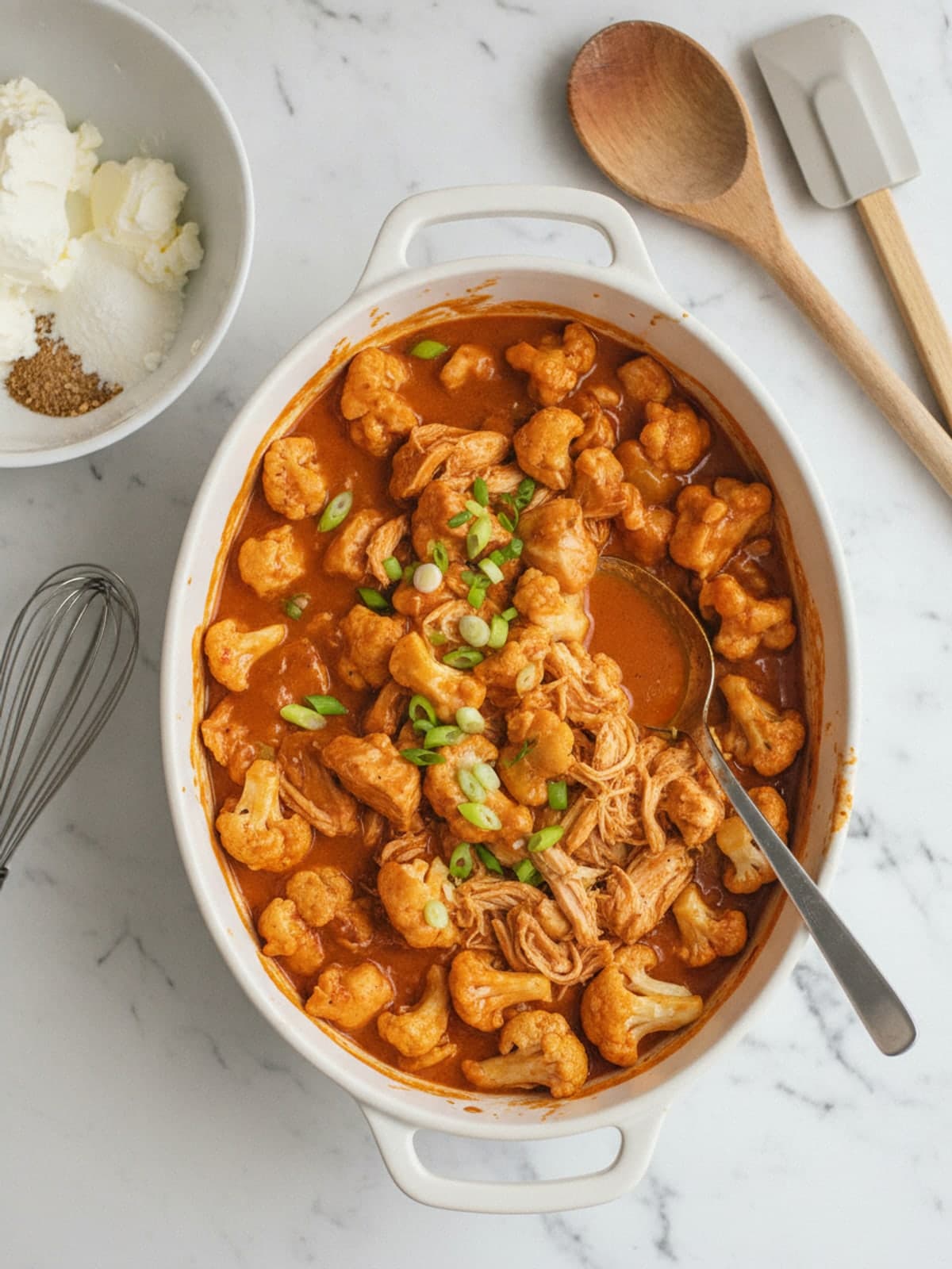 Buffalo Chicken Cauliflower Casserole: Make a coating sauce