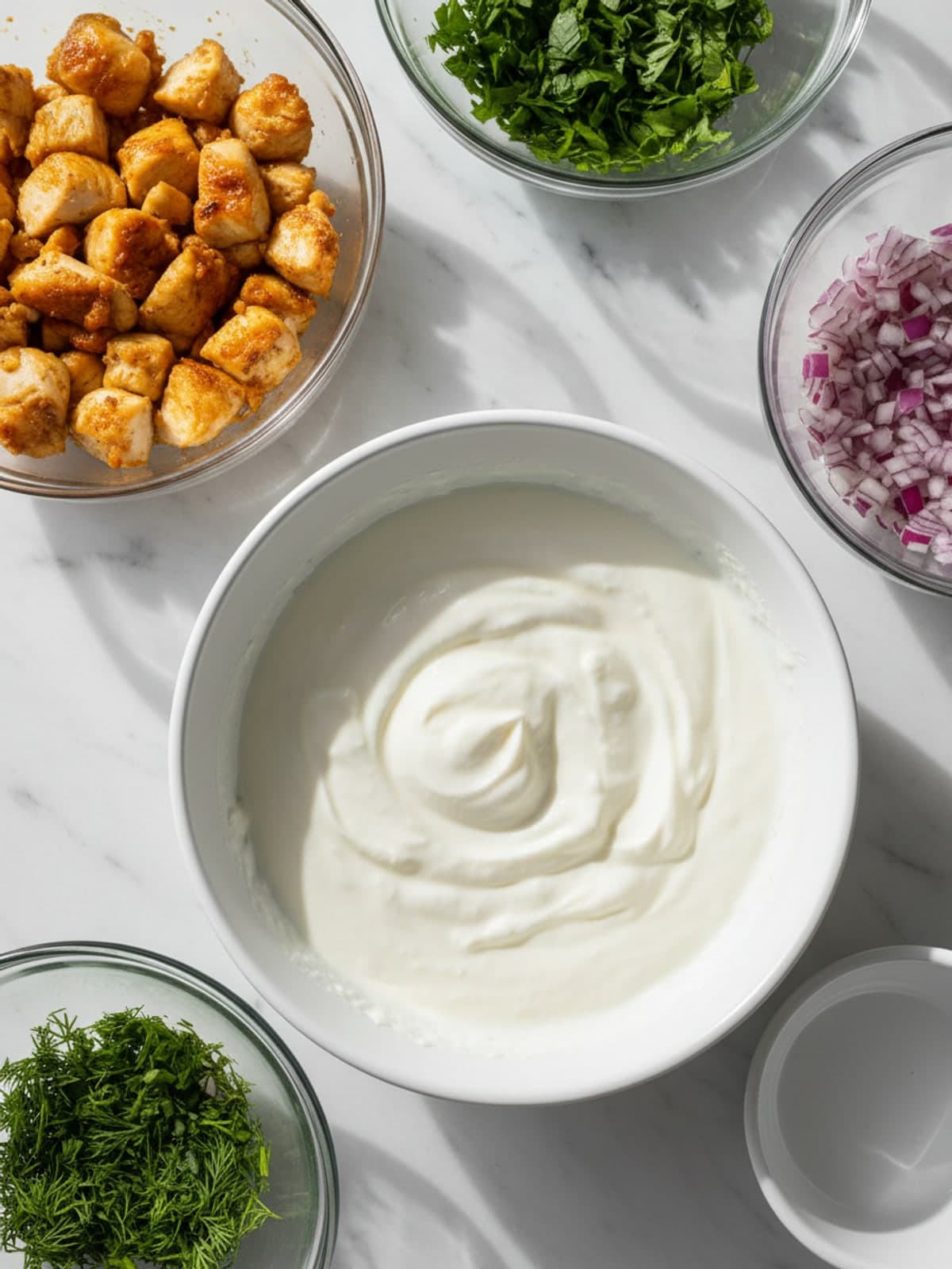 Buffalo Chicken Crunch Bowls: Mix a thick ranch dressing