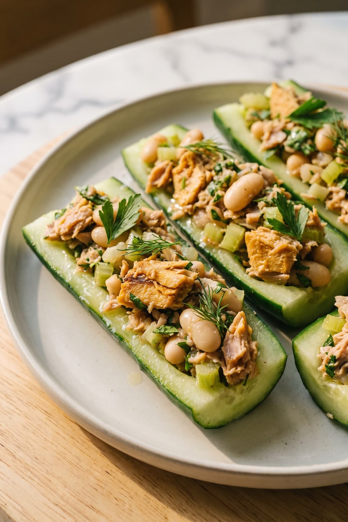 Tuna Cucumber Boats with White Beans ready to serve