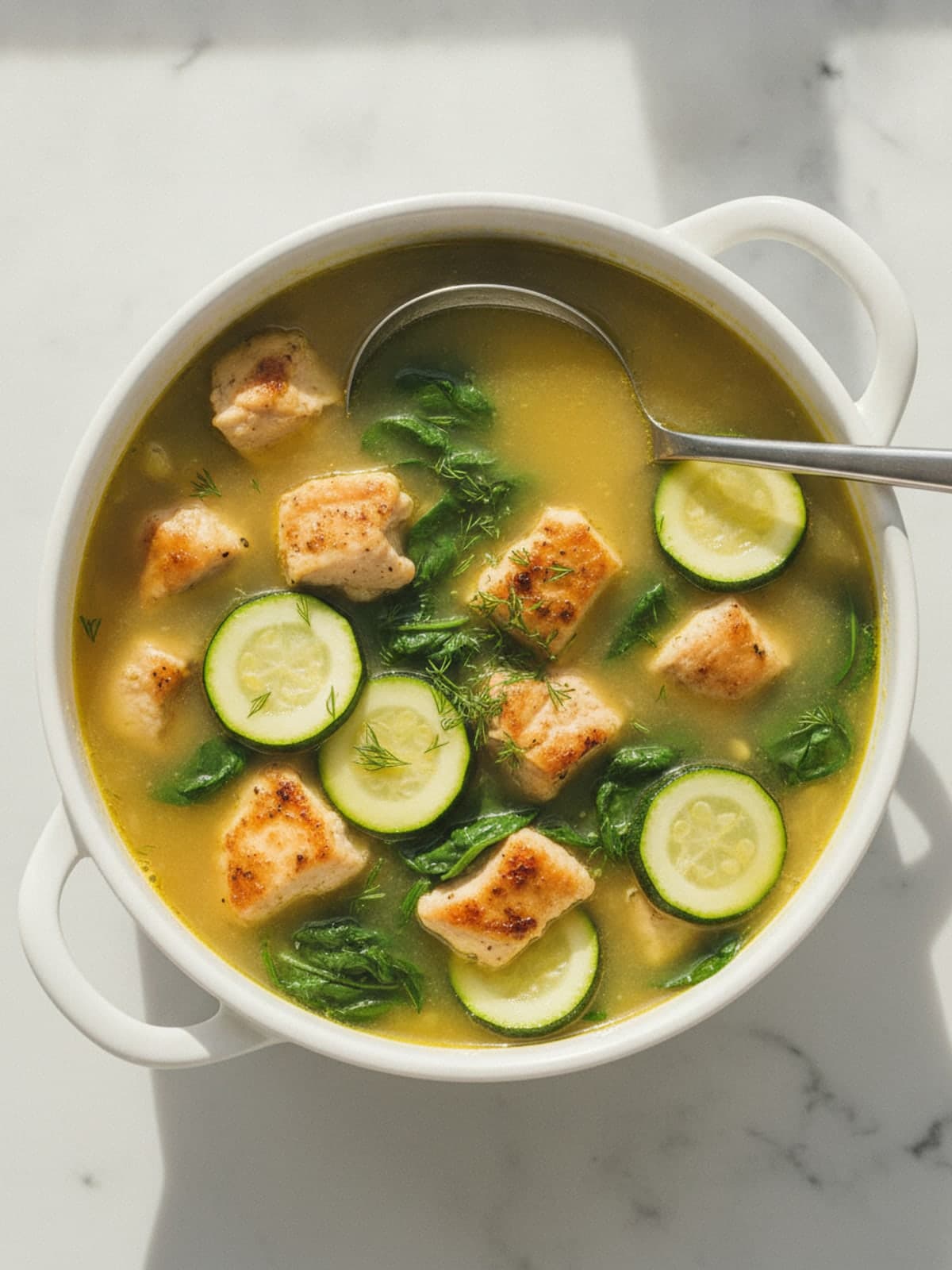 Lemon Chicken Spinach Soup: Stage the green vegetables