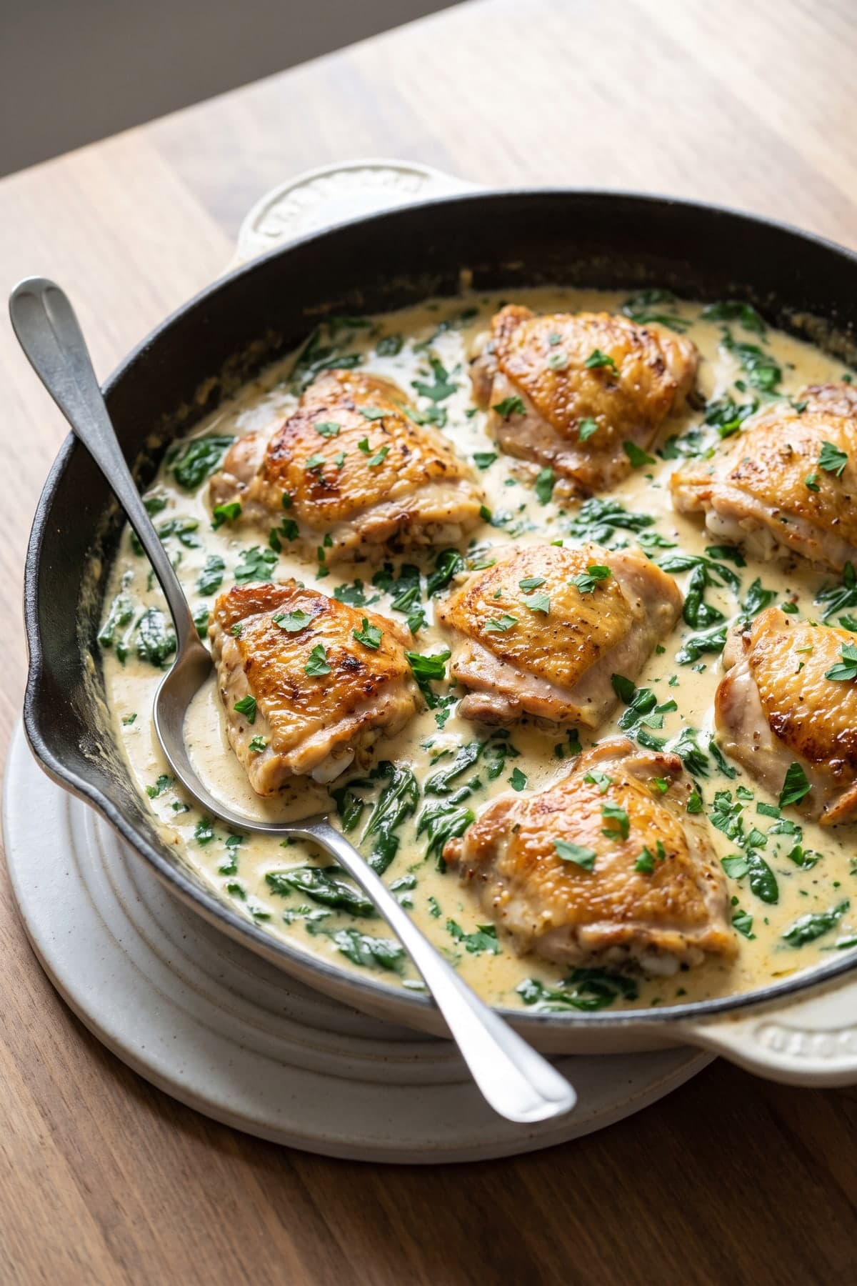 Creamy Mustard Spinach Chicken Skillet ready to serve