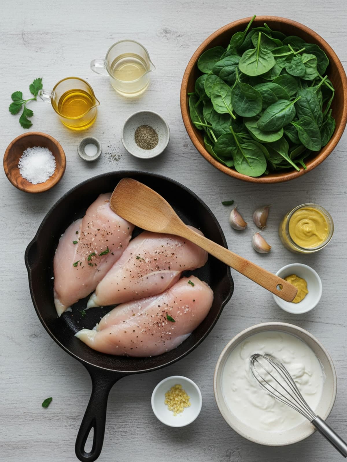 Ingredients for Creamy Mustard Spinach Chicken Skillet