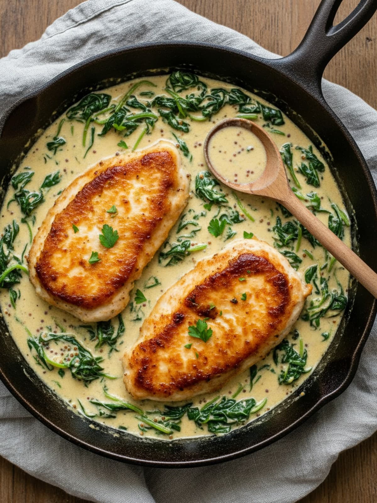 Creamy Mustard Spinach Chicken Skillet: Sear the cutlets