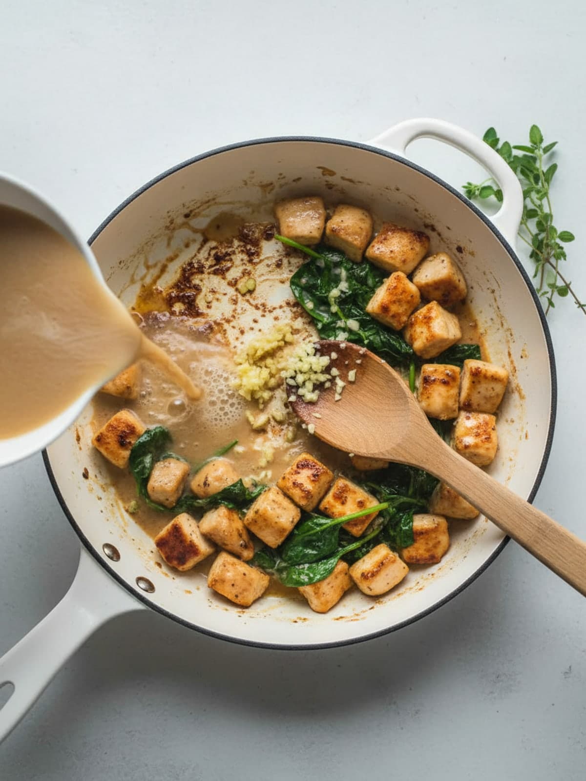 Creamy Mustard Spinach Chicken Skillet: Build the base