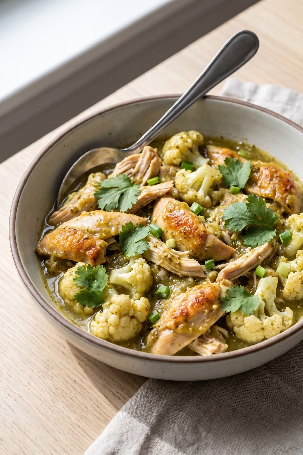 Slow Cooker Chicken Verde with Cauliflower ready to serve