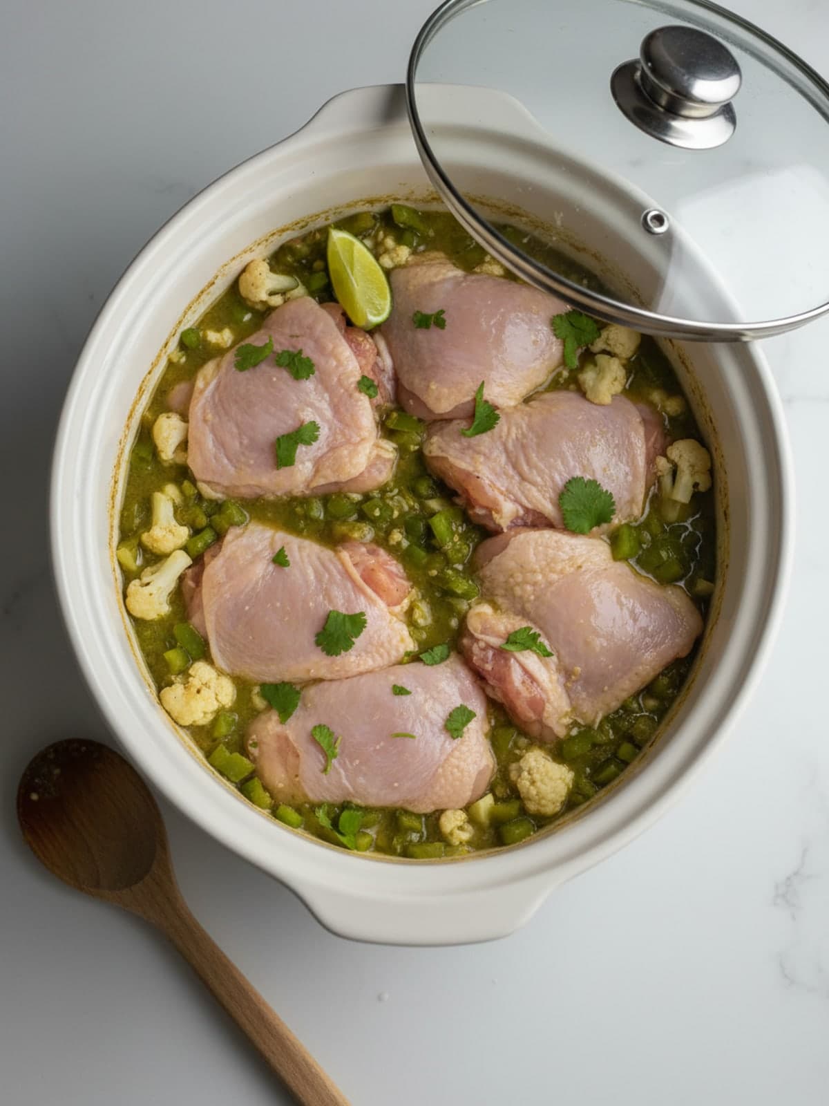 Slow Cooker Chicken Verde with Cauliflower: Add the chicken