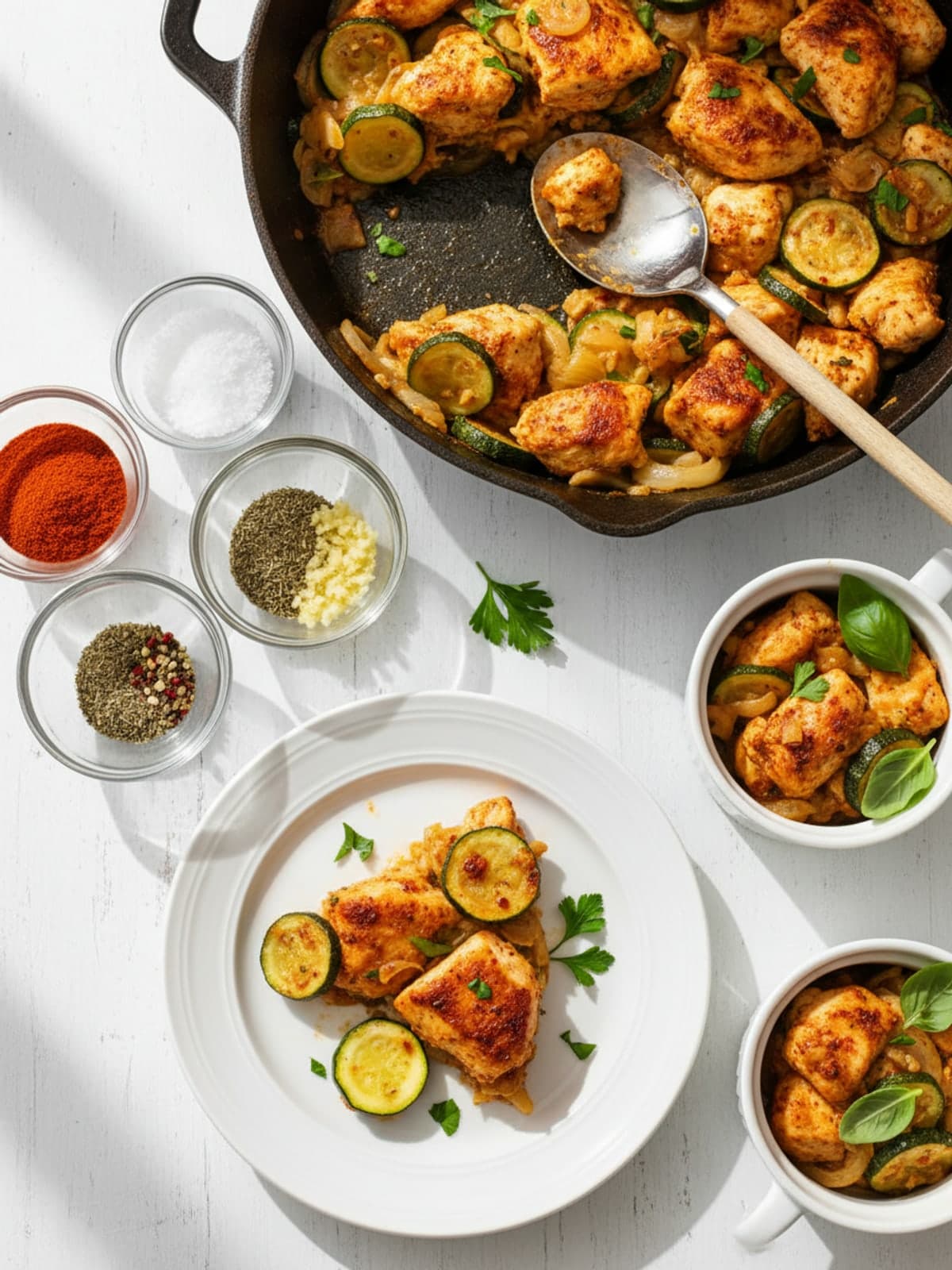 Chicken Zucchini Skillet: Season chicken