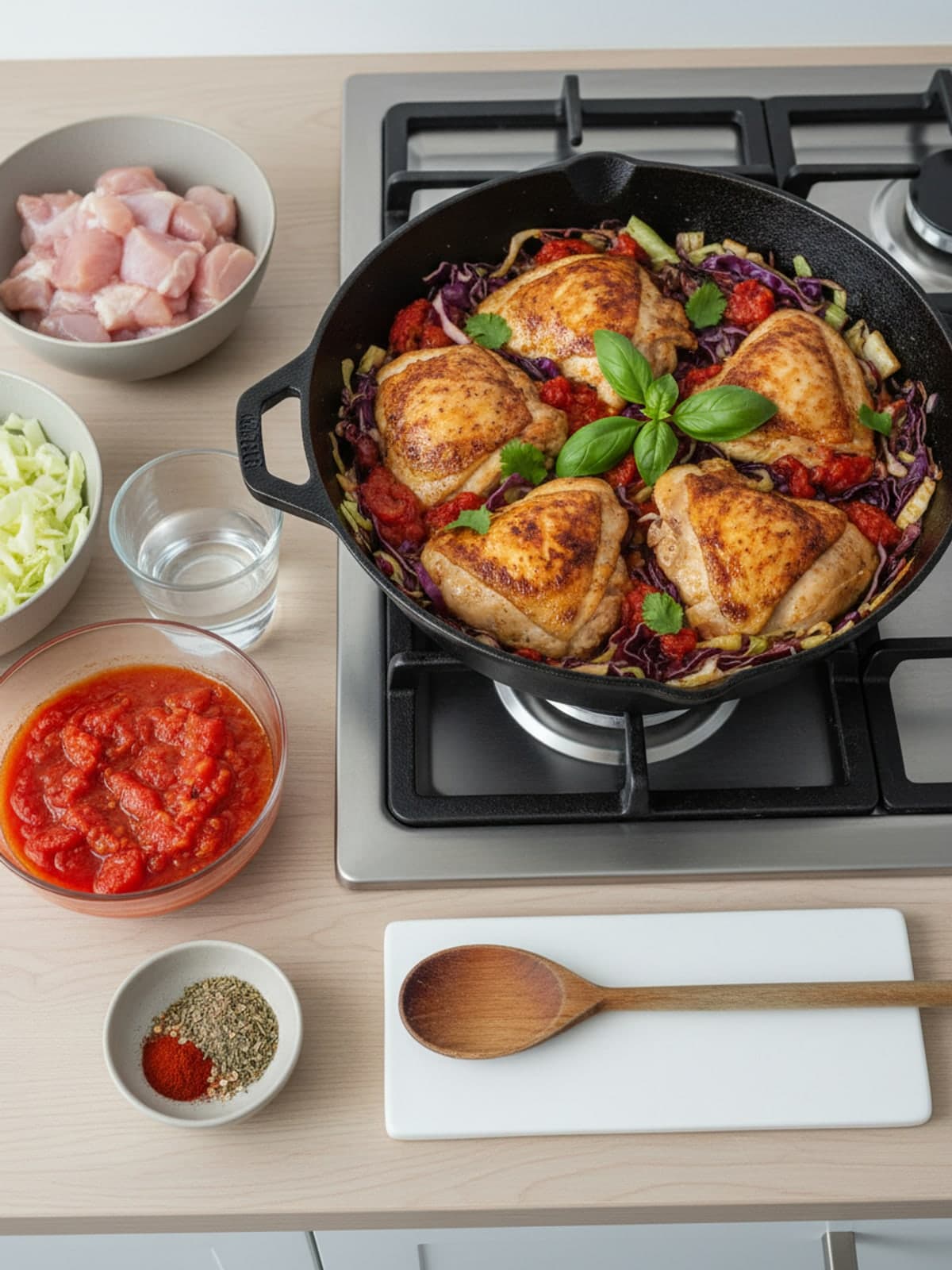 Chicken Cabbage Tomato Skillet: Set up