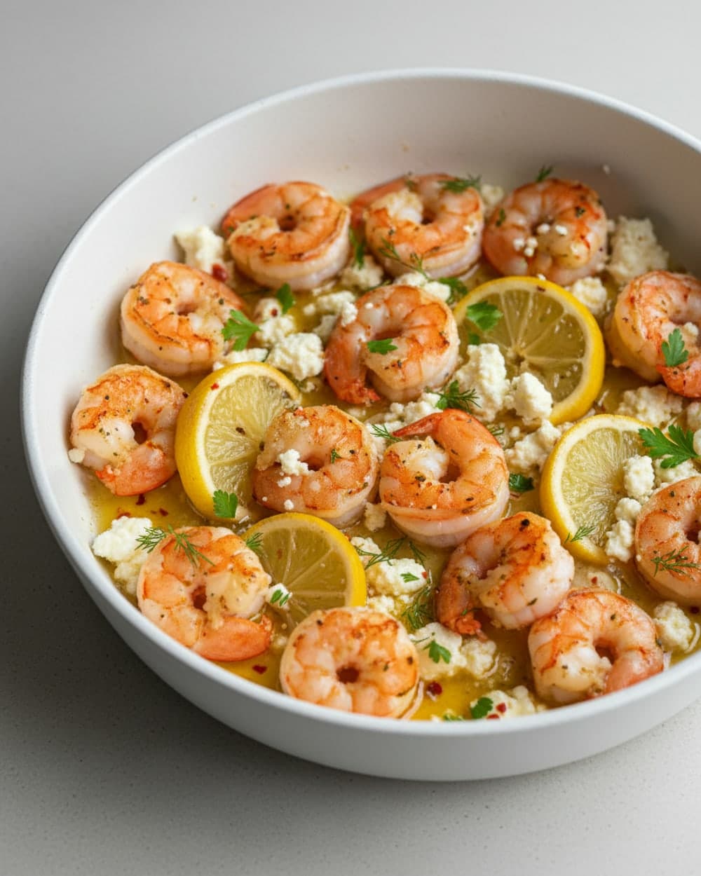 Lemon Feta Shrimp Skillet