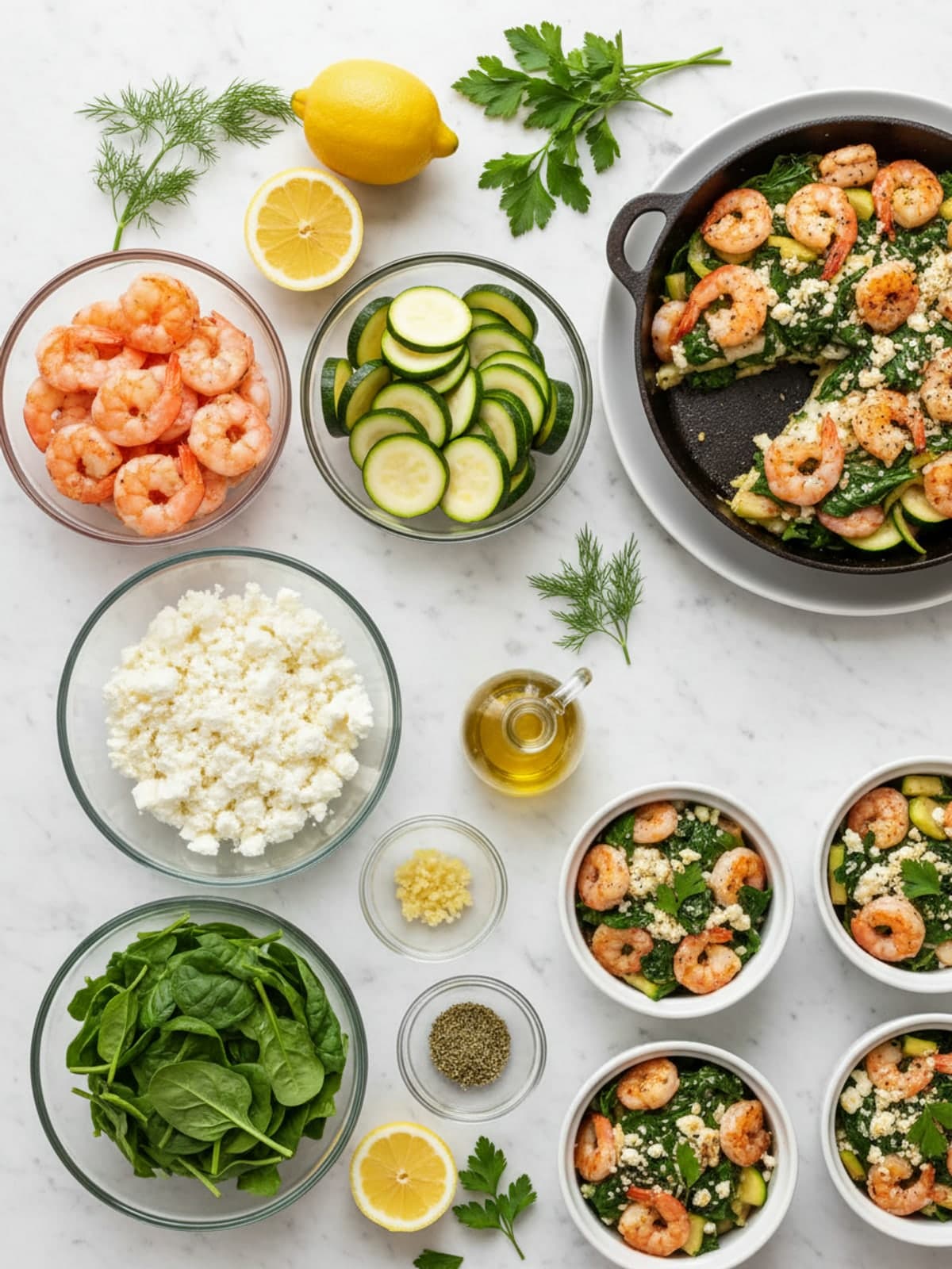 Ingredients for Lemon Feta Shrimp and Zucchini Skillet