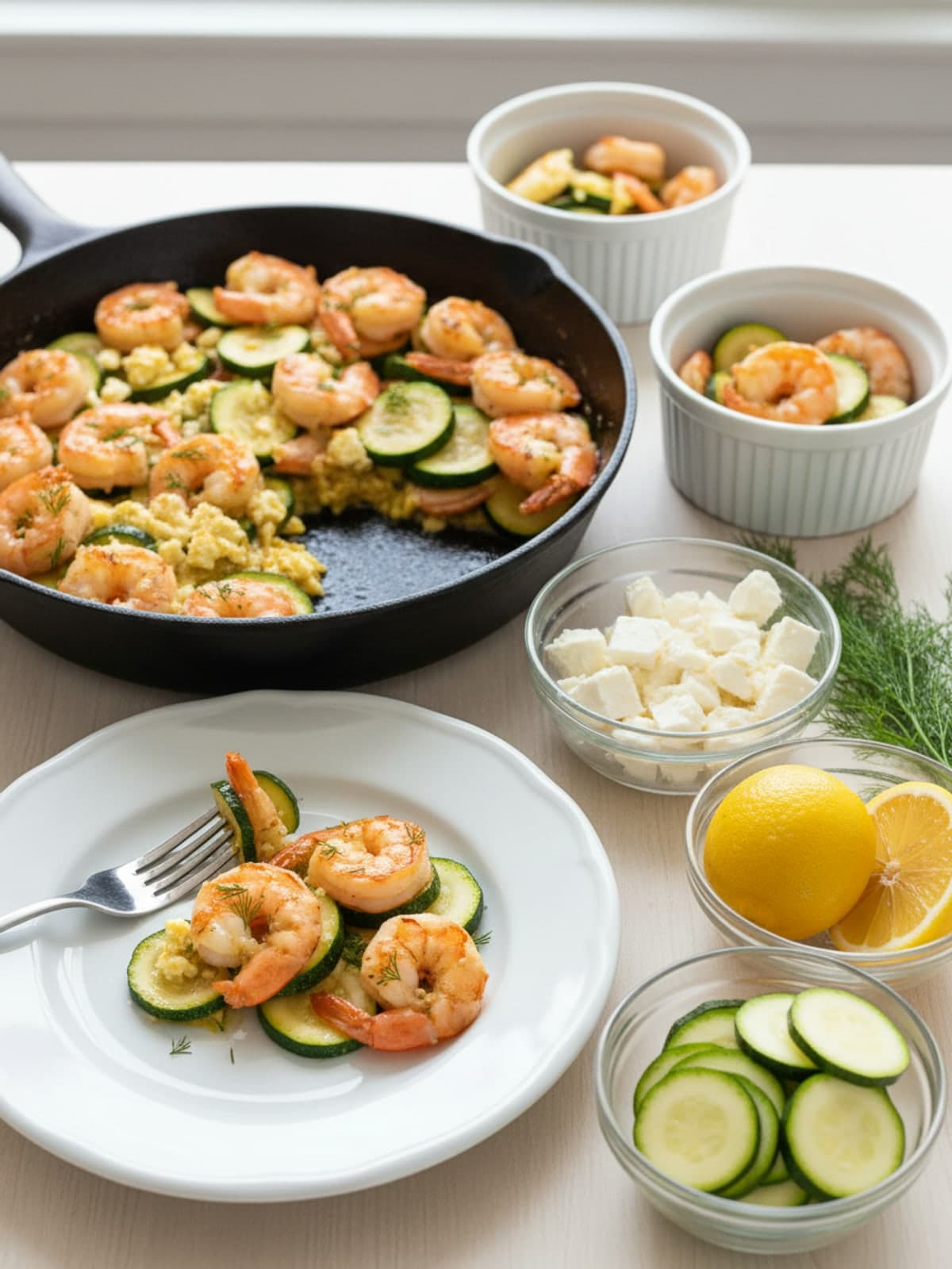 Lemon Feta Shrimp and Zucchini Skillet: Sear the shrimp